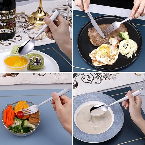 Miniatura 3 de SArtsharing - Juego de 20 cubiertos de metal reutilizables modernos minimalistas para comedor, cubiertos básicos para 4 utensilios de alimentación