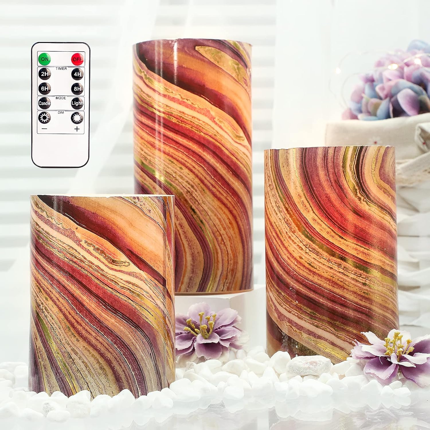 Crystal Club Flickering Flameless Candles, Purple Marble LED Candles with Remote Timer Battery Operated Pillar Candles for Home Wedding Party Decor