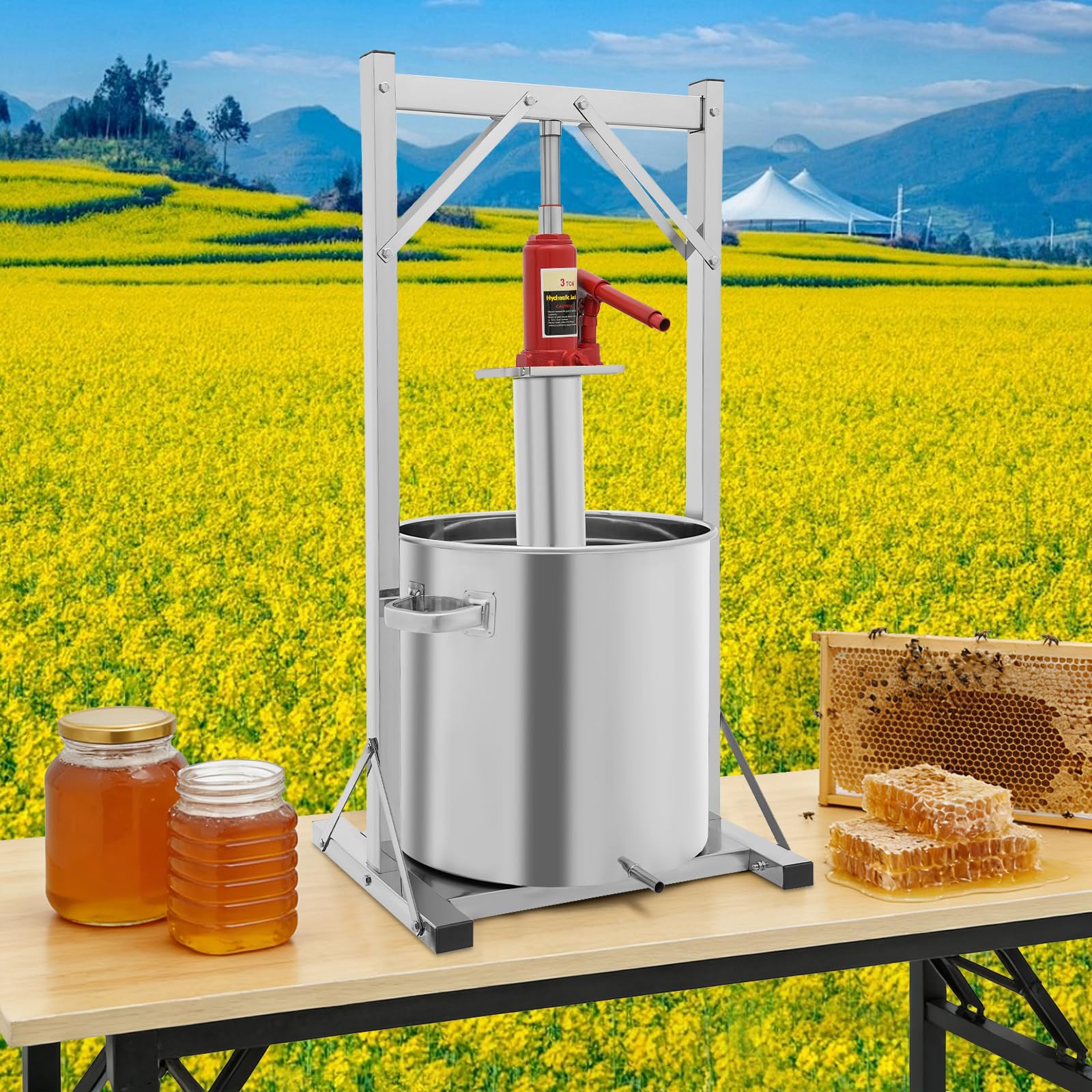 Hydraulische Obstpresse 36L | Edelstahl Weinpresse mit Wagenheber Silber | Edelstahl 304, 36L Fassungsvermögen, 3T hydraulischer Druck, Maische- Filtertuch, für Wein Honig Obst Gemüse silber