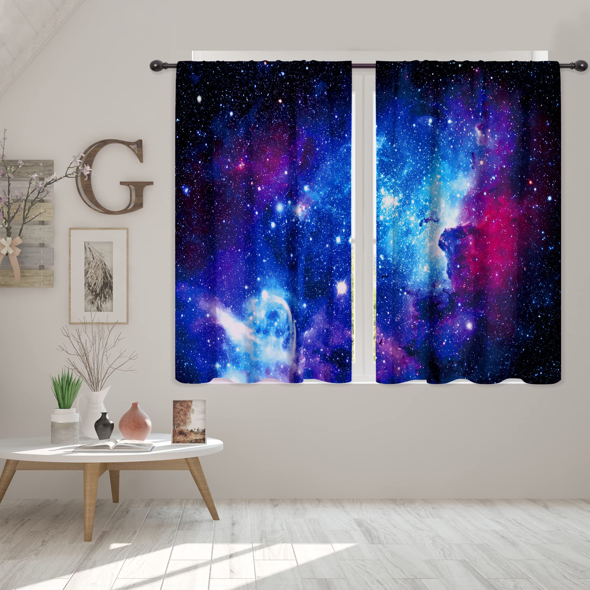 Riyidecor Galaxy Outer Space Nebula Curtains (2 Panels 42 x 45 Inch) Blue Rod Pocket Universe Planets Boys Fantasy Starry Black Art Printed Living Room Bedroom Window Drapes Treatment Fabric WW-CLLE