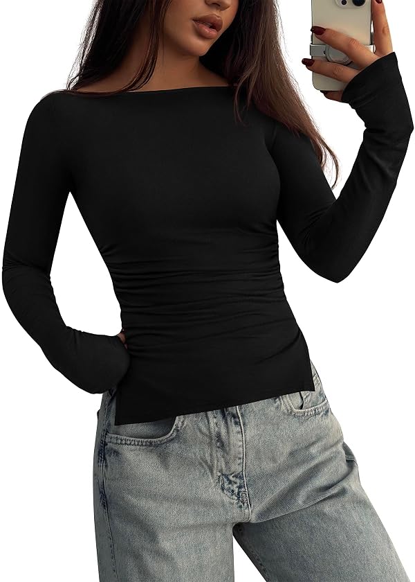 KIRUNDO Long Sleeve Going Out Tops for Women 2026 Spring Casual Boat Neck Workout Shirts Fall Fitted Side Slit Basic Tees(Black, Large) by KIRUNDO - Used condition - US$8.66