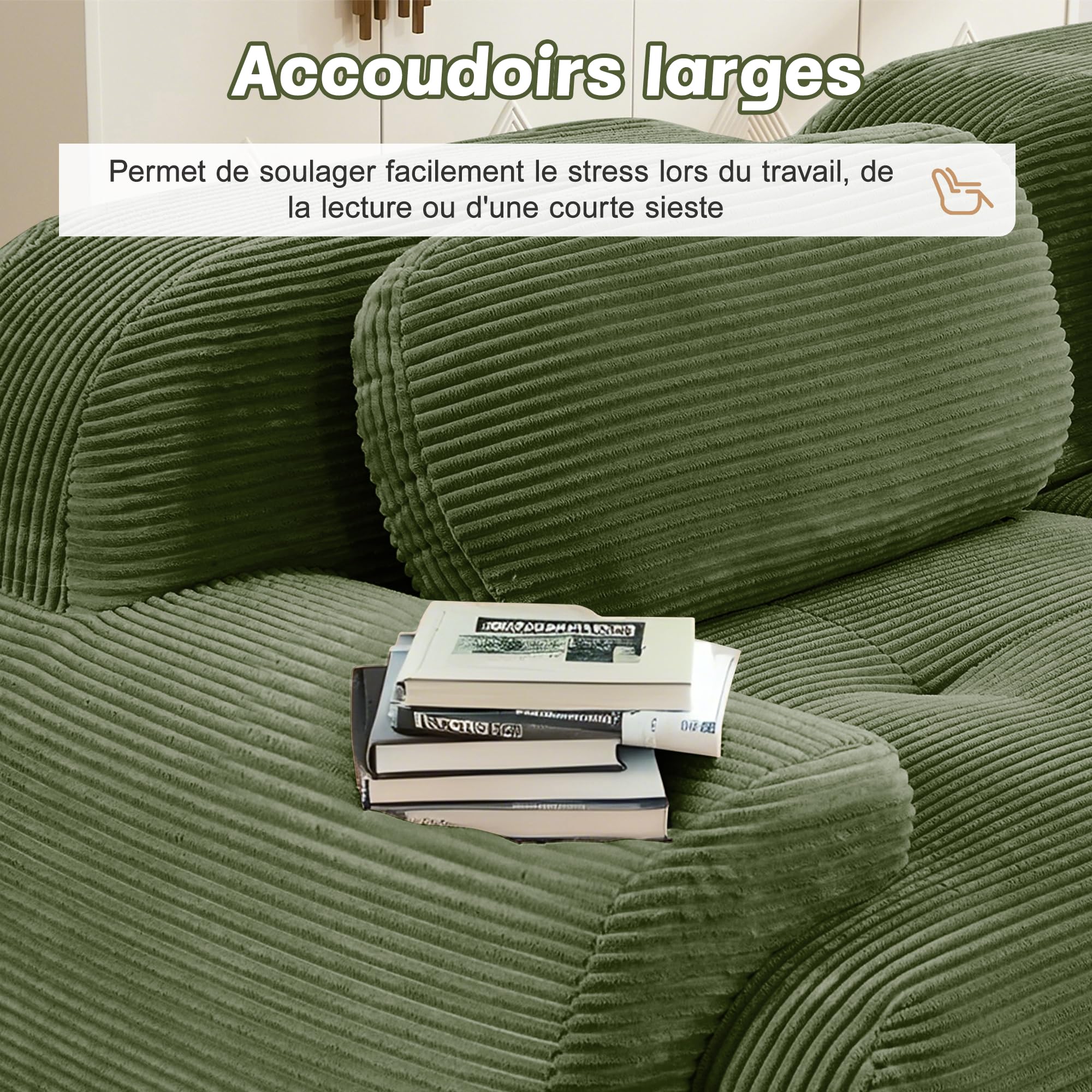Canapé d'angle convertible moderne de 208 cm avec pouf, canapé modulaire en velours côtelé en forme de L, canapé compressé 2 à 4 places pour salon, assise extra profonde, aucun assemblage requis