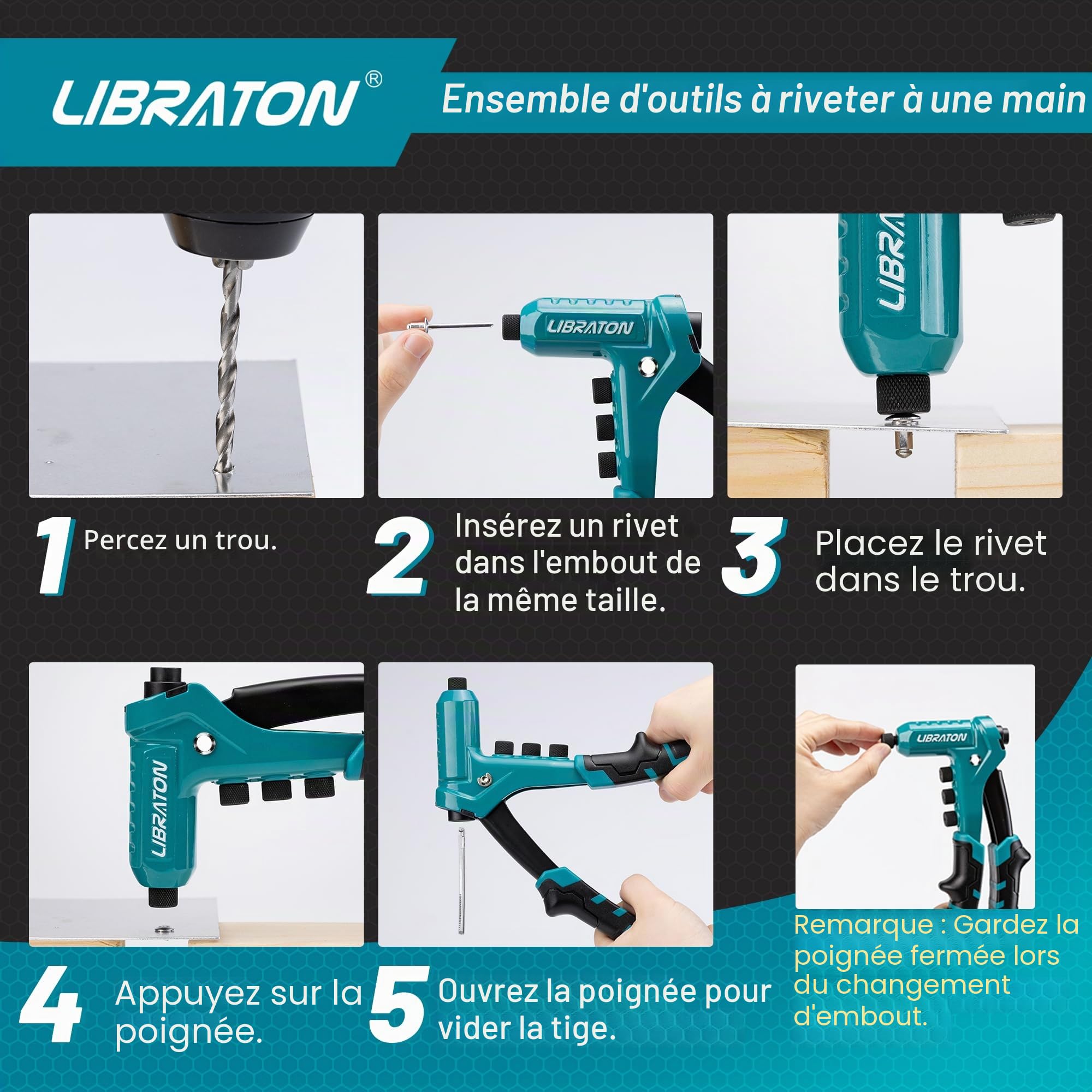 LIBRATON Pince à Riveter Professionnelle, Riveteuse Manuelle, Pince Rivet Aveugle, Pistolet à Rivet Pop avec 4 Types de Perceuses HSS et 200 Pièces Rivets 2,4mm 3,2mm 4mm 4,8mm
