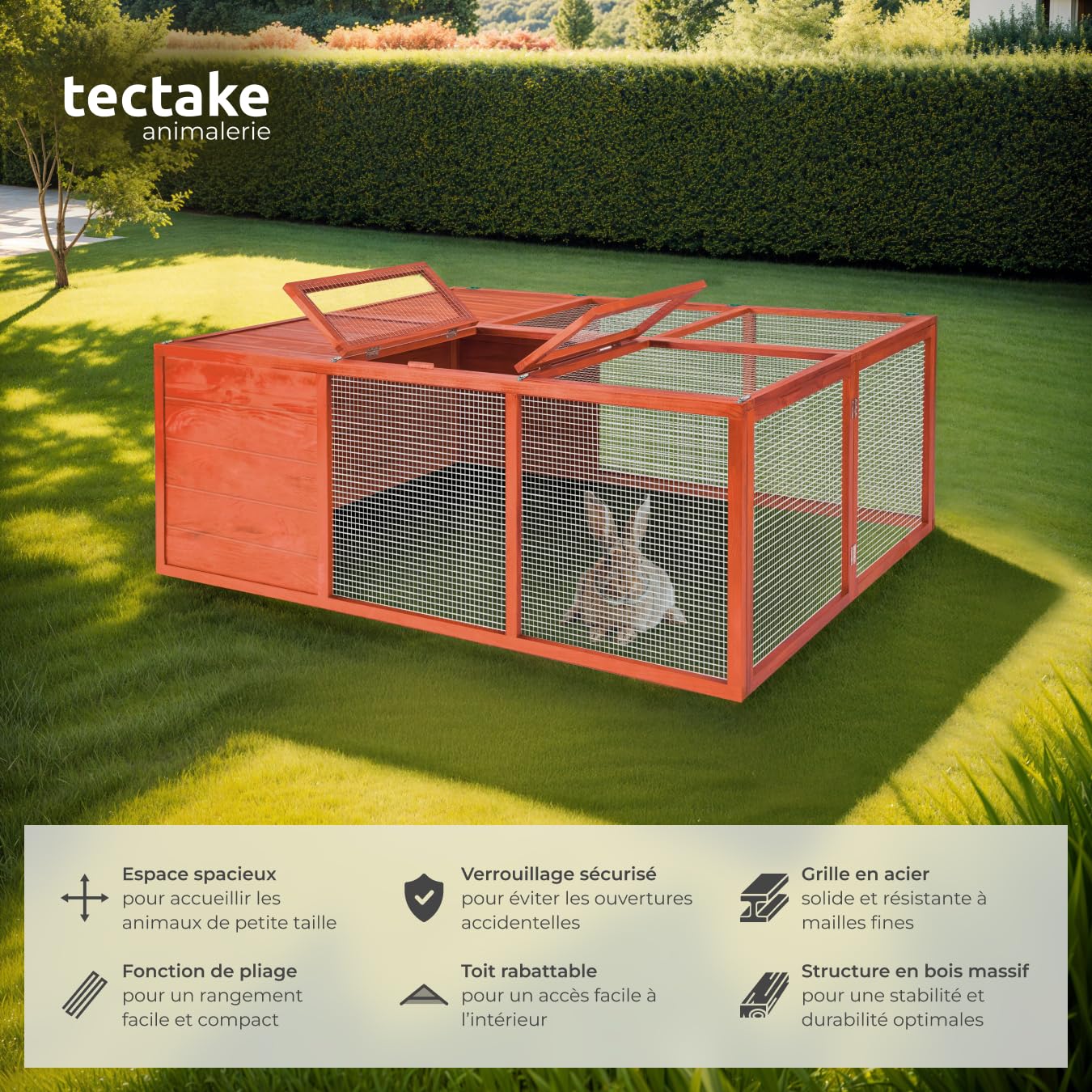 tectake® Clapier Pliable pour rongeurs, Toit ouvrant, 150 x 103 x 53 cm, Cage Lapin, Cage Hamster, Cochon d'Inde, Enclos Lapin en Bois, Aucun Montage requis, Clapier Lapin Exterieur, Enclos Hamster