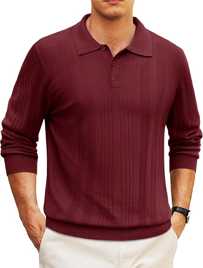 Cotrasen Mens Knit Polo Sweaters Long Sleeve Polo Lightweight Casual Dress Collar Pullover Sweaters Textured