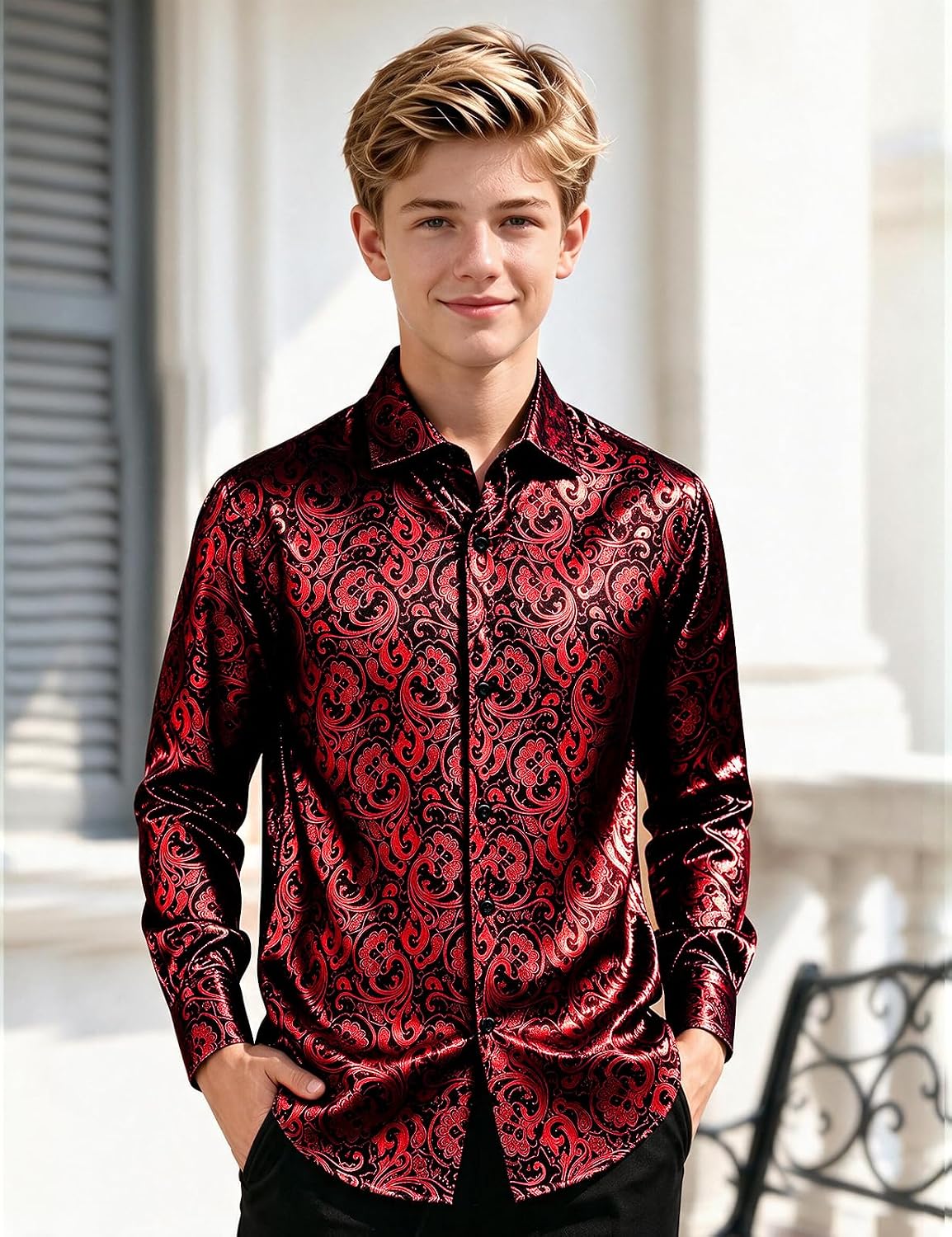 DiBanGu Big Boys Shiny Shirt Paisley Dress Shirt for Party 8Y-16Y
