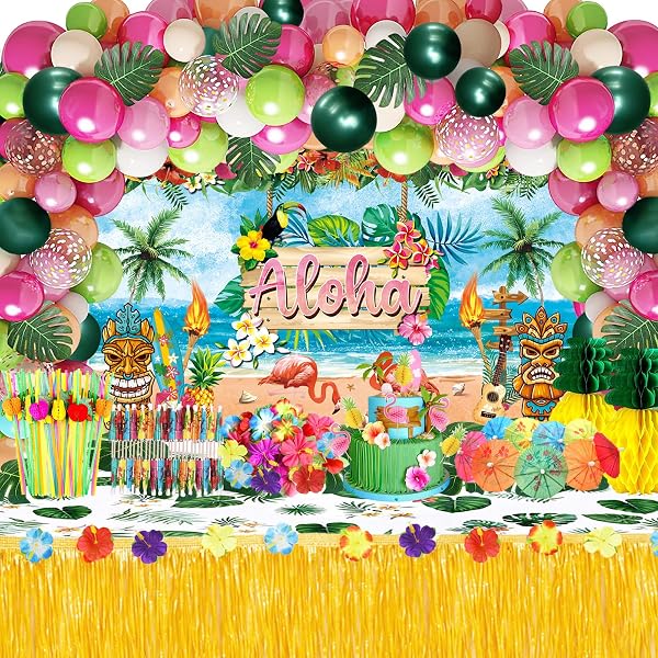 Hawaiian Luau Party Decorations(161 Pcs), Tropical Summer Beach Pool Party Supplies Including Aloha Backdrop, Table Skir