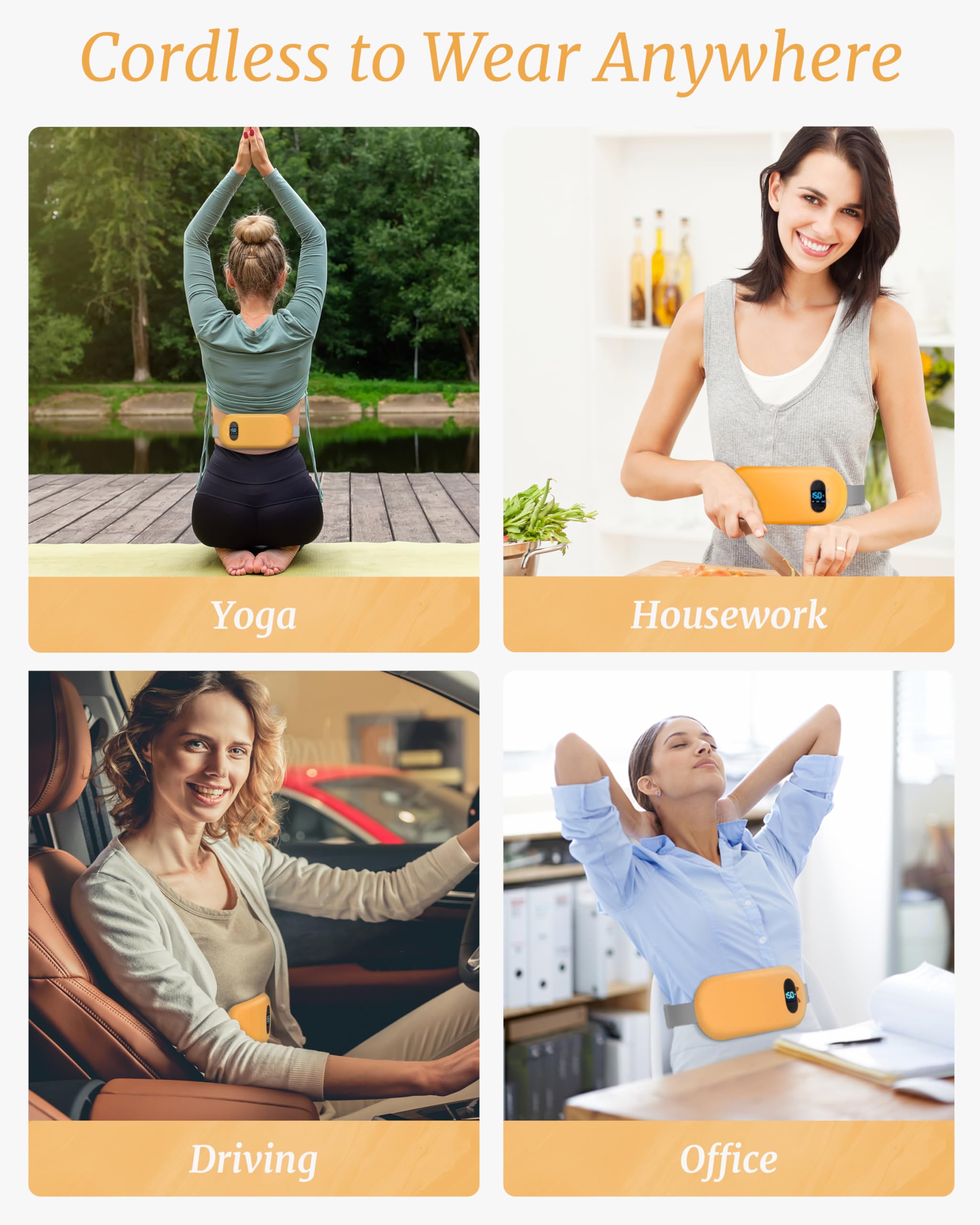 Heat Pad for Period Pain Relief Upgraded 6 Heat Massage Modes Electric Fast Heating Pad for Lower Back Pain Cramp Menstrual Rechargeable USB Heated Belt Gifts for Women Girls Her Yellow - Image 3