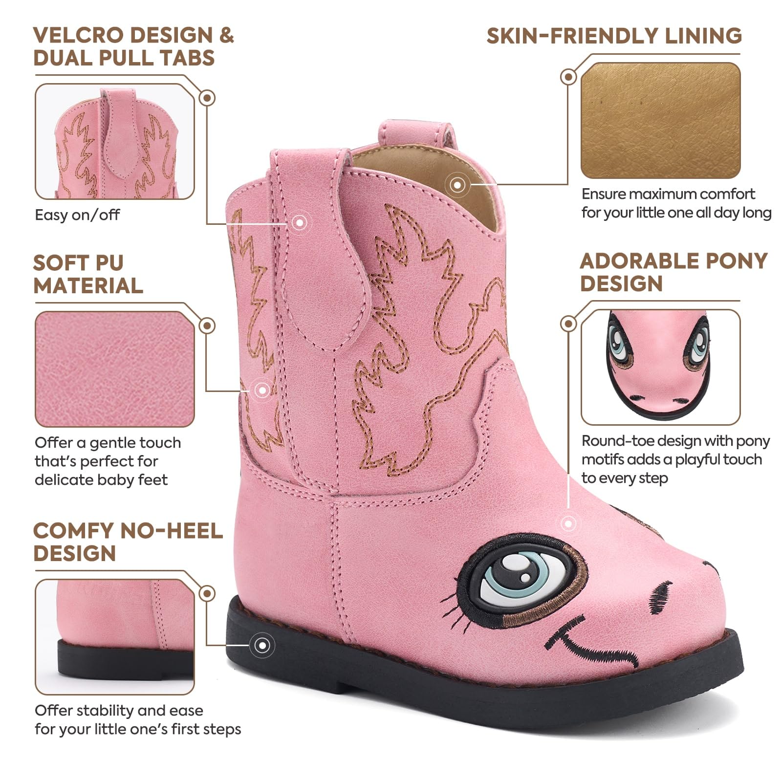 Rollda Baby Cowboy Boots Toddler Cowgirl Boots Infant Western Boots Round Toe Pink Size 6