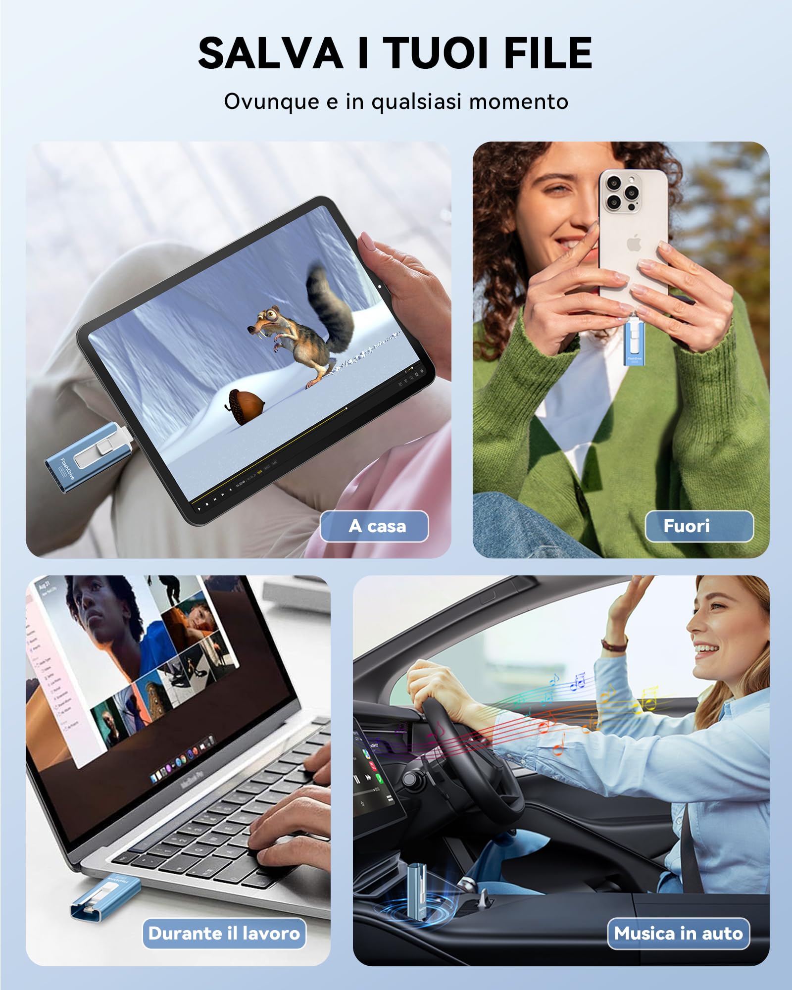 Chiavetta USB 256GB per iPhone, certificata MFi, con Lightning, Type A, Type-C e micro USB, compatibile con iPhone, iPad, Android e PC, USB 3.0 veloce, espansione di foto, documenti e video,Blu