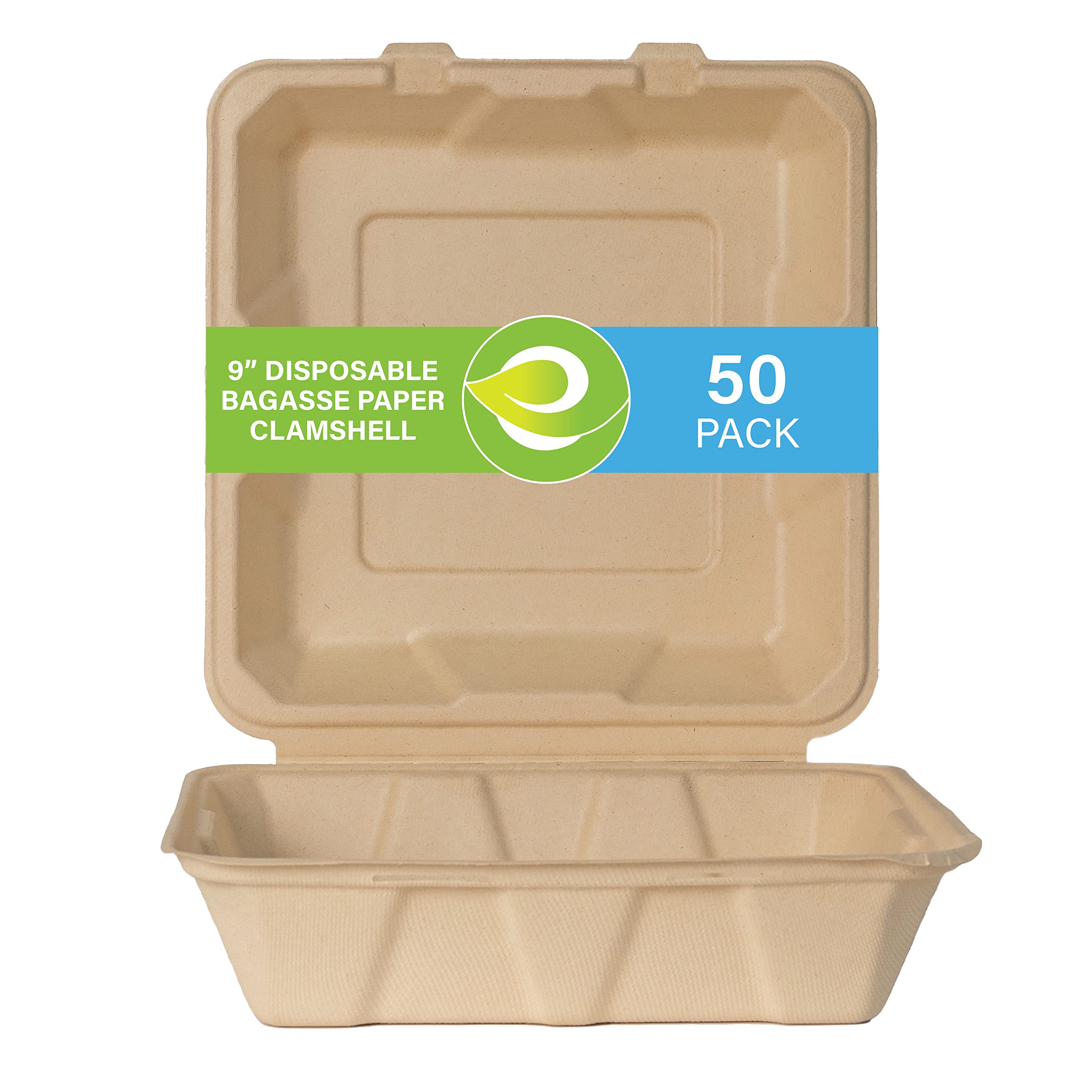 ECO SOUL100% Compostable Clamshell Take Out Food Containers [9X9 50-Pack] Heavy-Duty, Eco-Friendly, Disposable, Biodegradable To Go Containers For Foods