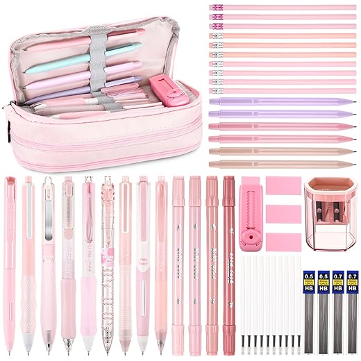 56 Pcs Aesthetic School Supplies with Pen Case Ballpoint Pens Highlighters Mechanical Pencils Eraser Pencils With Erasers Pencil Sharpener For Students Stationary Writing Office College