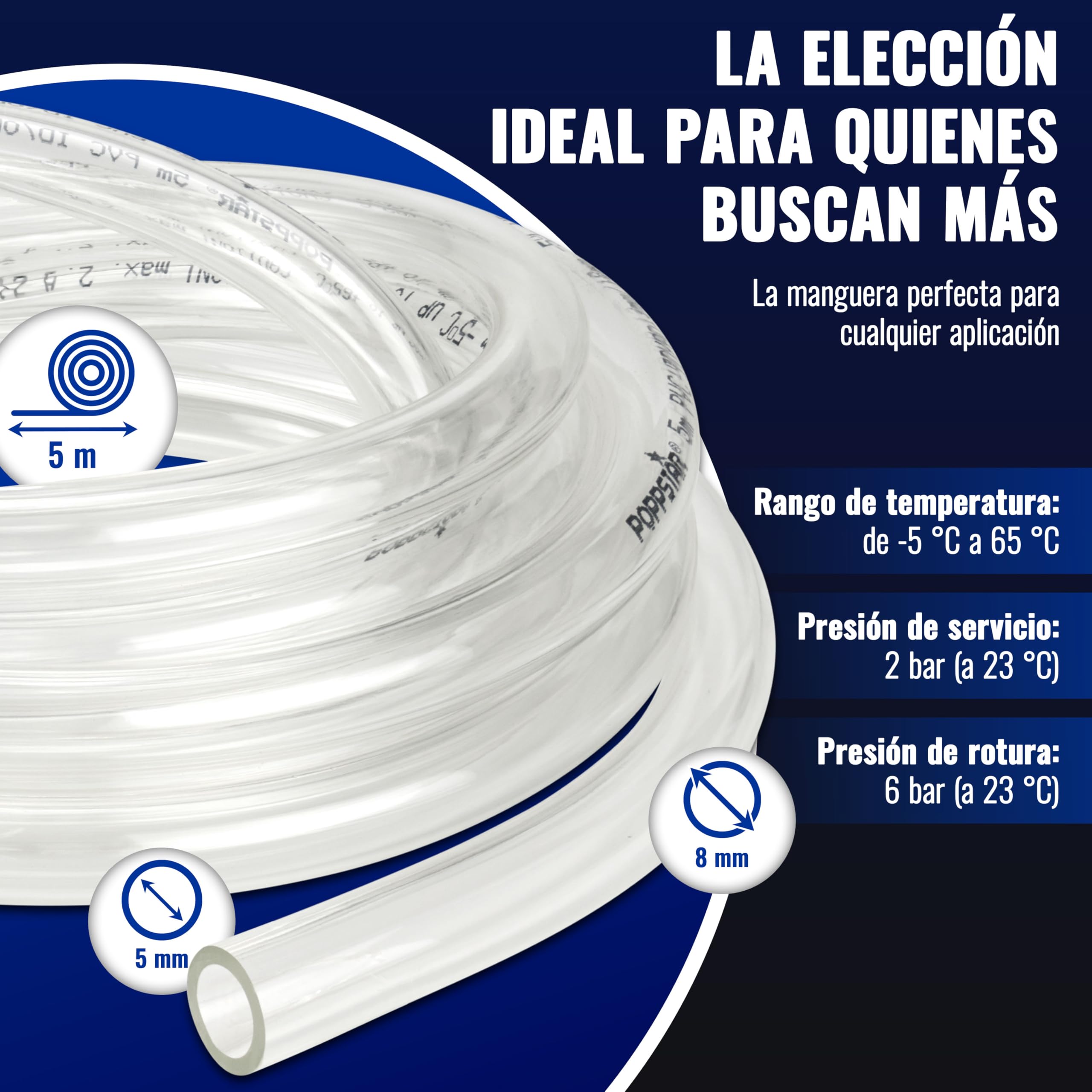 Poppstar Manguera transparente PVC 5m 5/8 mm -5°C a +65°C 2 bar para agua comestible