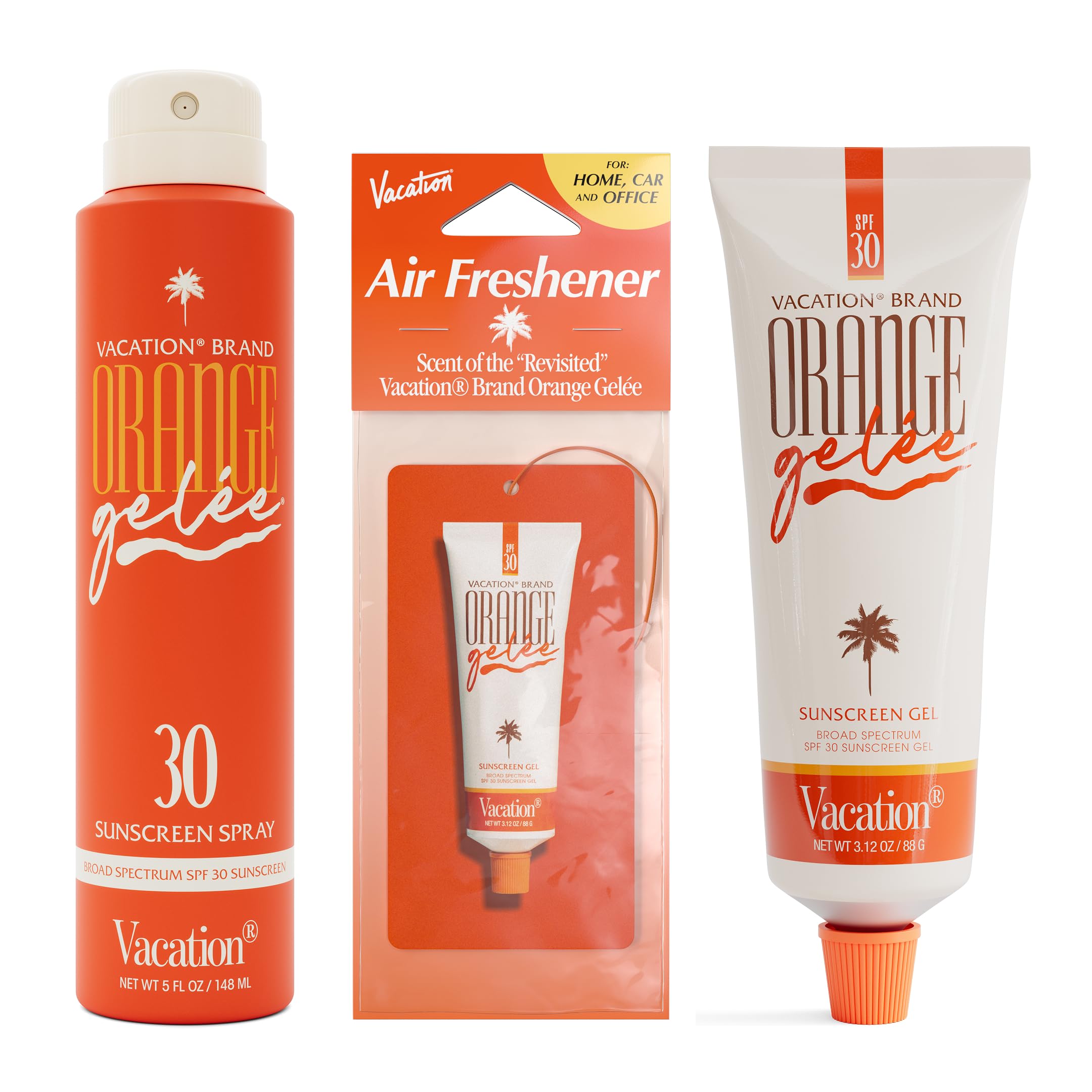 Vacation Orange Gelée SPF 30 Sunscreen Bundle - Gel Tube 3.12 Fluid Ounces, Spray Oil 5 Fluid Ounces, and Air Freshener - Hydrating SPF Set, Transparent