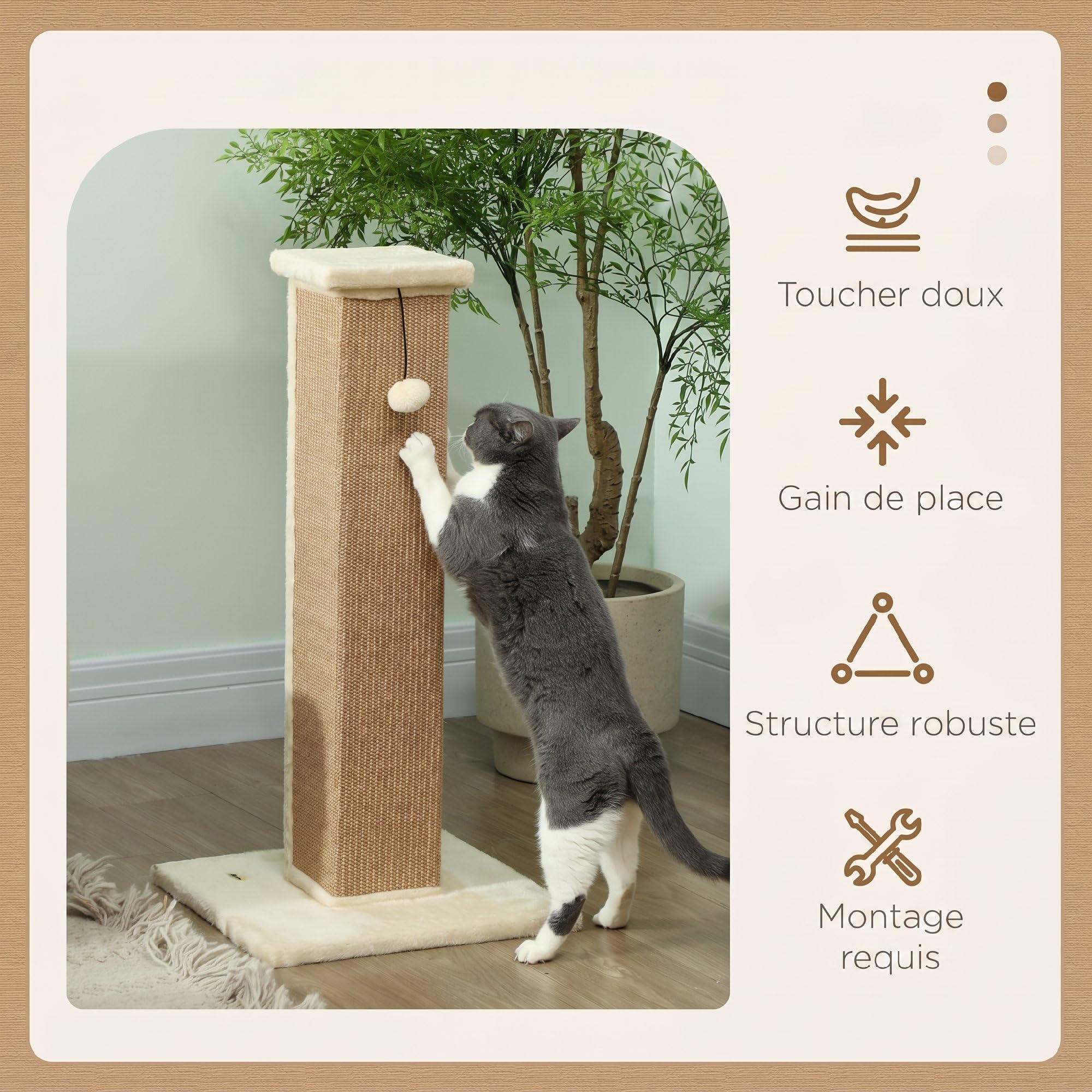 PawHut Griffoir pour Chat 81 cm Base Stable 41 x 41 x 81 cm Beige