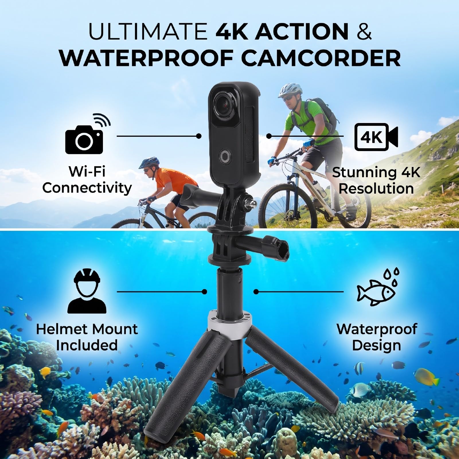 Telecamera Sportiva 4K, Registratore POV DV da Casco, 4K, for | Video in 4K, Obiettivo Grandangolare 142°, Wireless, Custodia e Supporto Casco