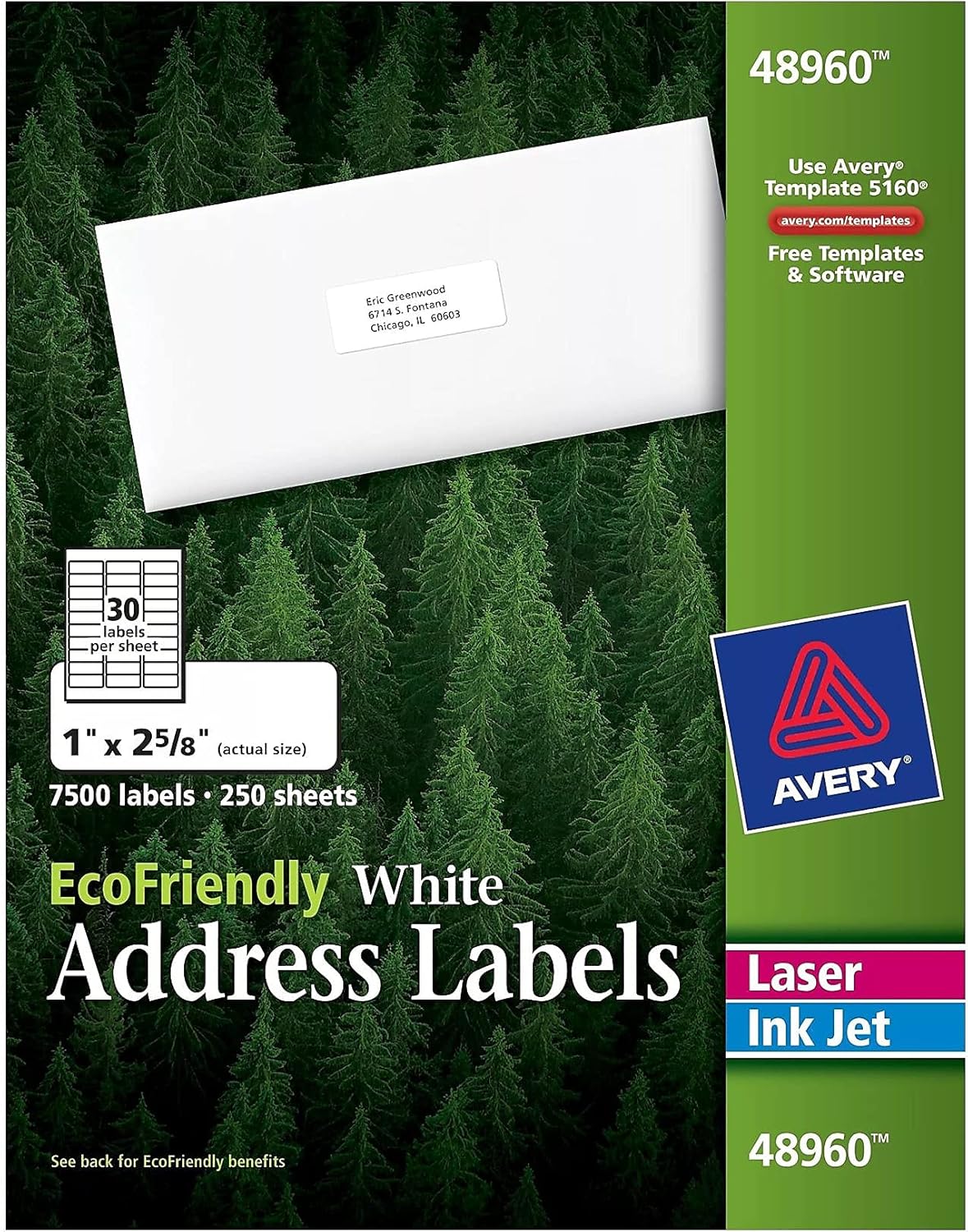 Avery White EcoFriendly Address Labels, 1 x 2.625 Inches, Box of 7500 (48960)