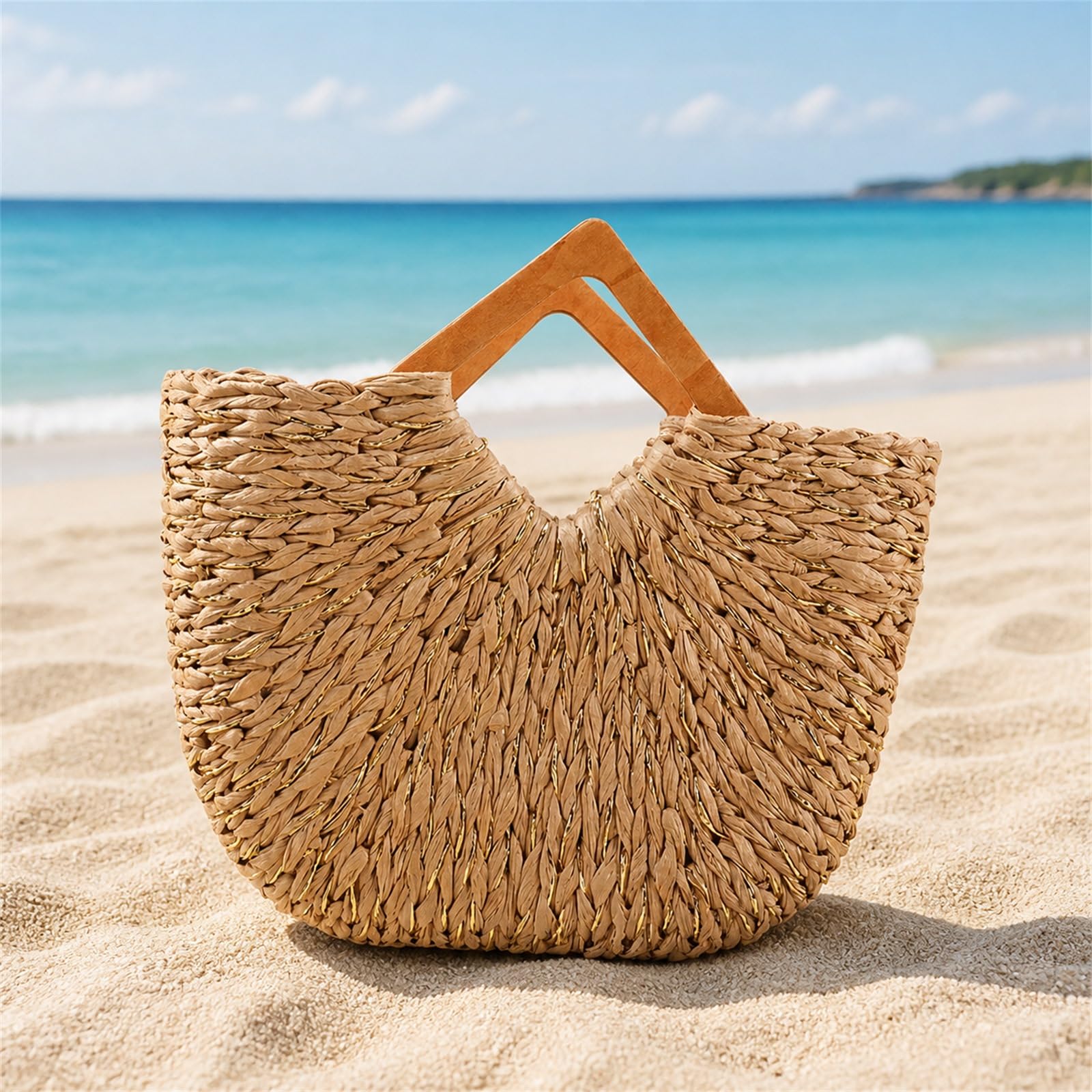 Sac De Plages en Paille,Panier De Plages en Osier,Panier De Plages en Paille,Sac Cabas en Paille,Sac De Shopping Tressé,Sac De Plages en Paille pour Femme Grande Capacité