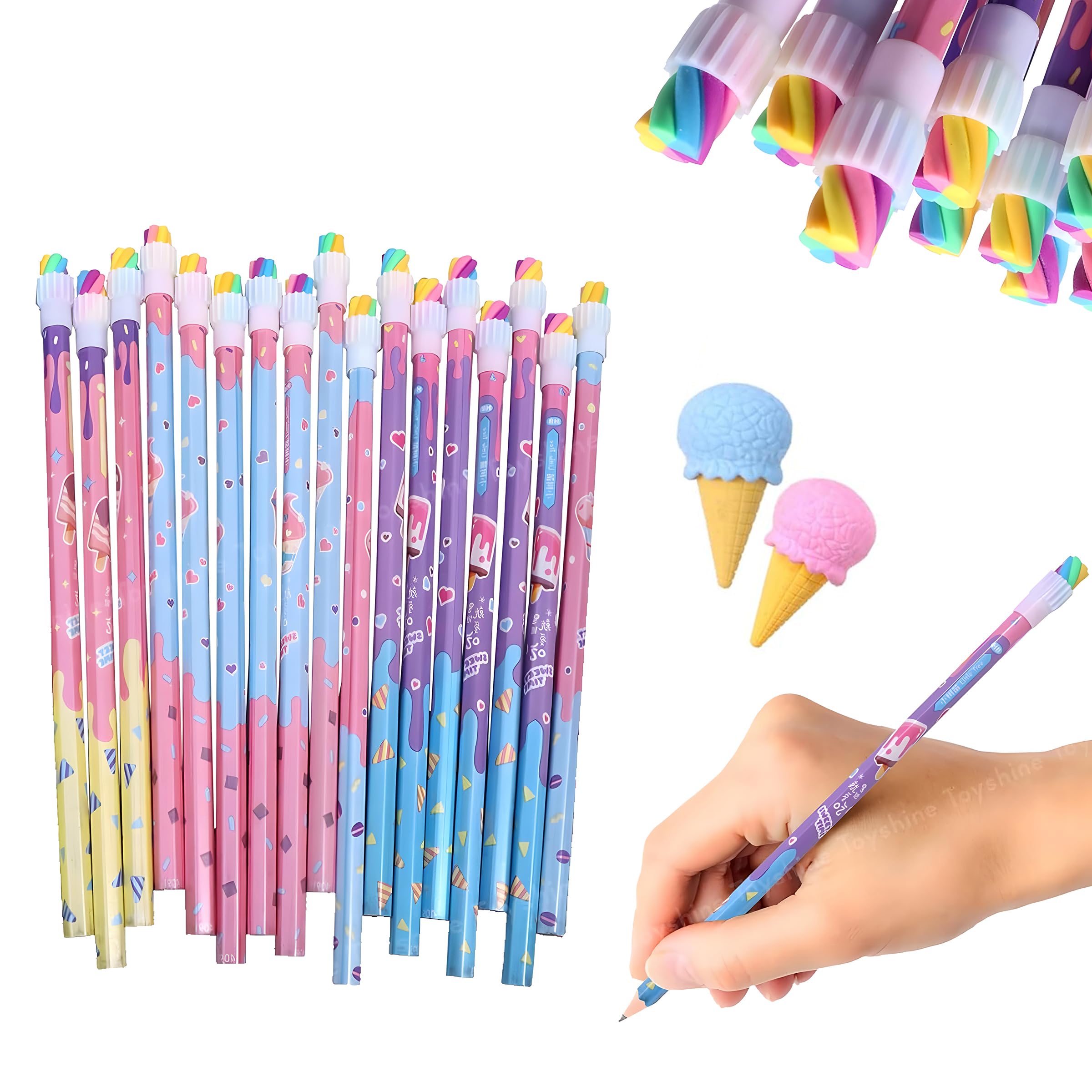 Toyshine 12 Sets HB Graphite Rubber Tipped Pencils with Ice Cream Shaped Eraser Suitable for School Kids Art Drawing Drafting Sketching Shading