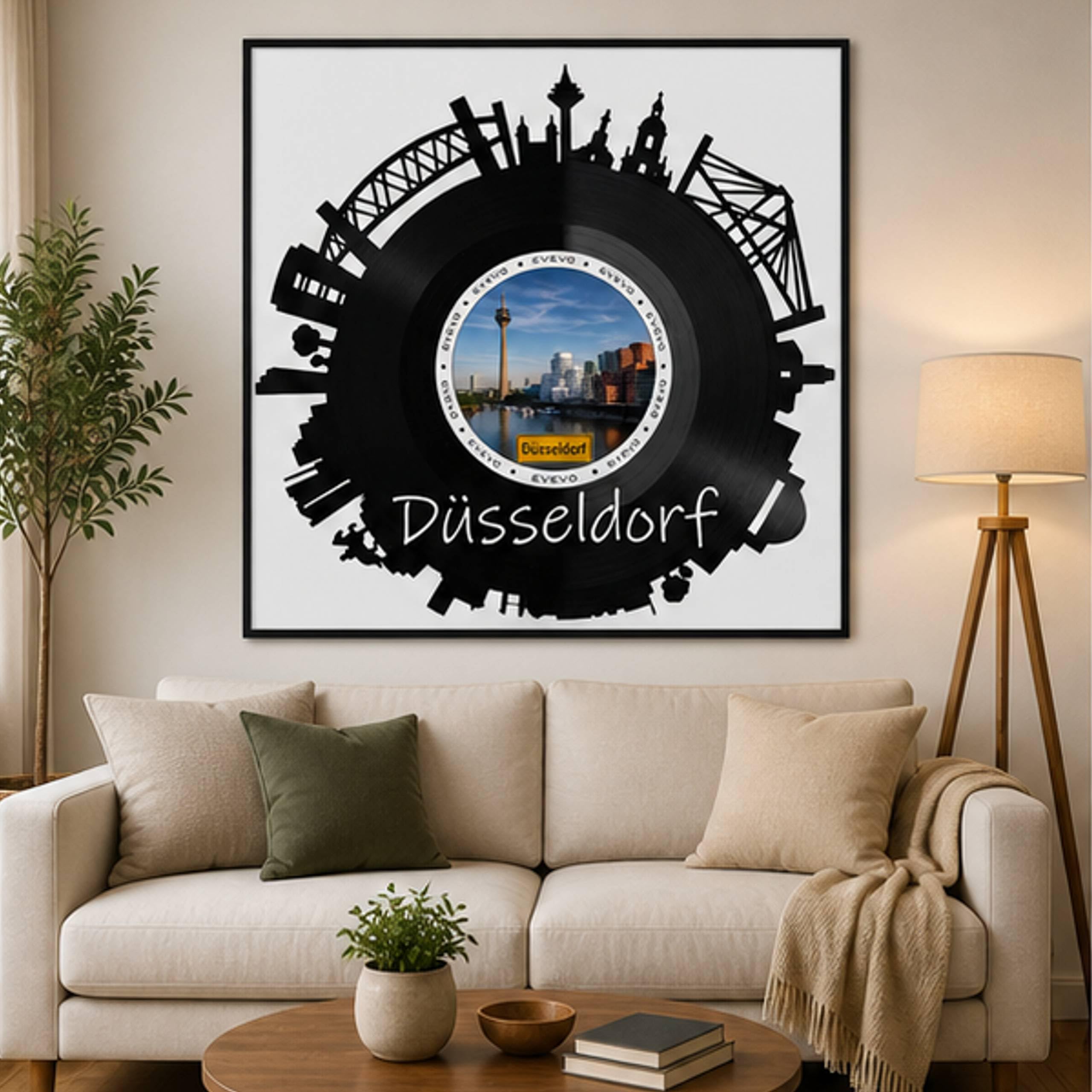 EVEVO Dekoracja ścienna z płyty gramofonowej w ramie 32 x 32 cm Düsseldorf – winylowa sztuka ścienna, nowoczesna panorama, prezent dla fanów architektury Dusseldorfu