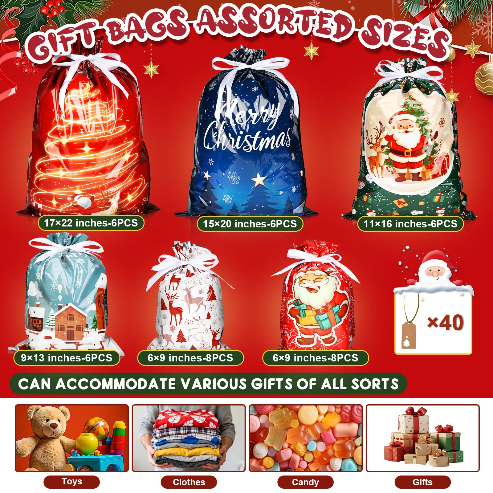 Lot de 40 sacs cadeaux de Noël avec poignées pour emballage de cadeaux de Noël