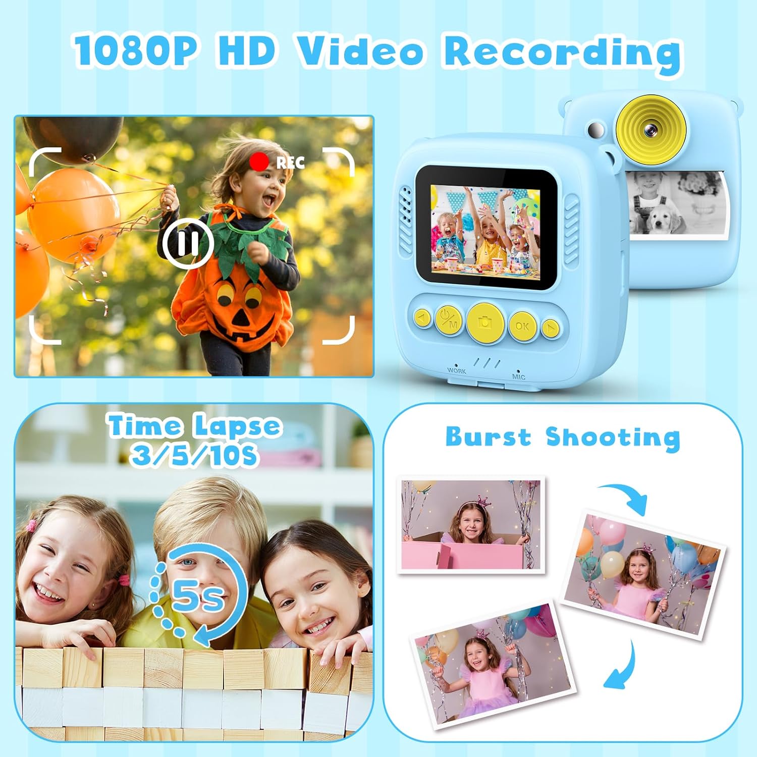 Demonstration of 1080P HD video recording, time lapse photography (3/5/10 seconds), and burst shooting capabilities of the camera.
