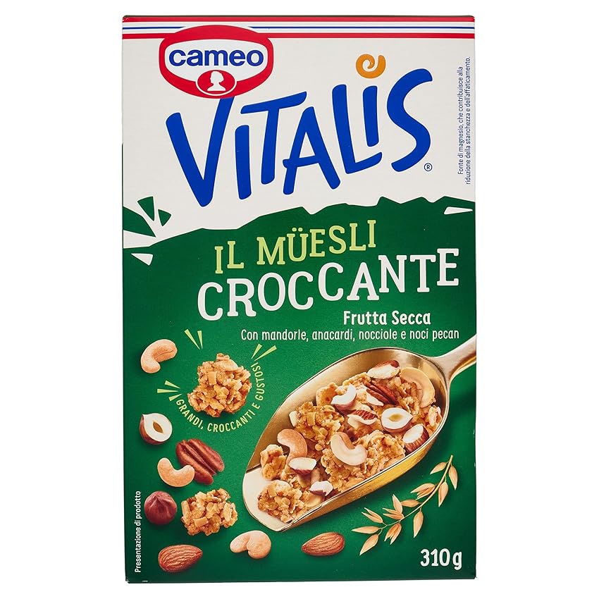 Cameo Vitalis Muesli Croccante Frutta Secca, con Fiocchi Integrali di Avena Mandorle Anacardi Nocciole e Noci Pecan, Cereali Grandi Croccanti e Gustosi, Circa 10 Porzioni, Ricco di Fibre, 310 g