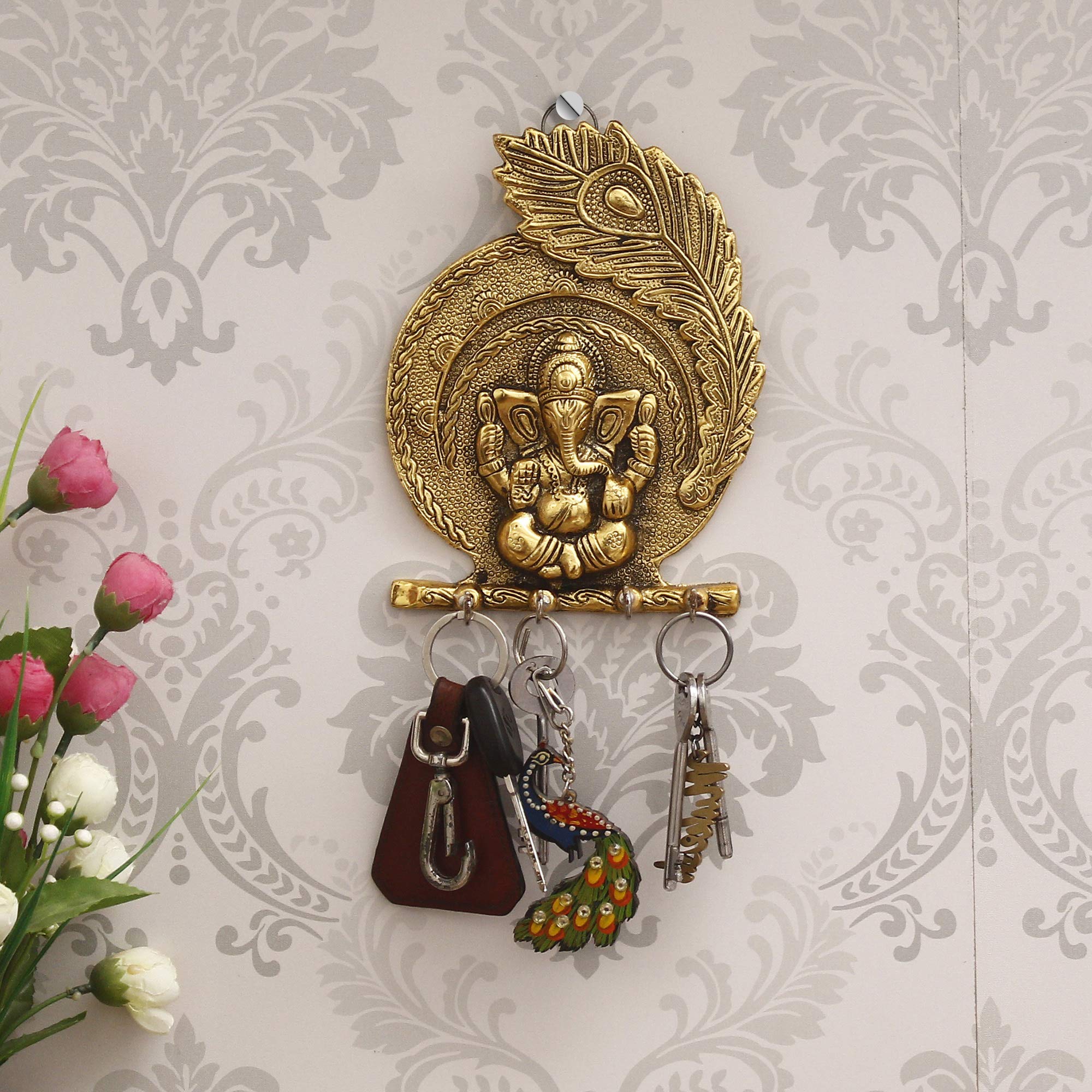 eCraftIndia Golden Metal Lord Ganesha & Peacock Feather Decorative Key Holder for Wall with 4 Key Hooks - Wall Key Holder for Home Decor - Gift for Diwali Housewarming - Diwali Gift for Family Friend-image-22
