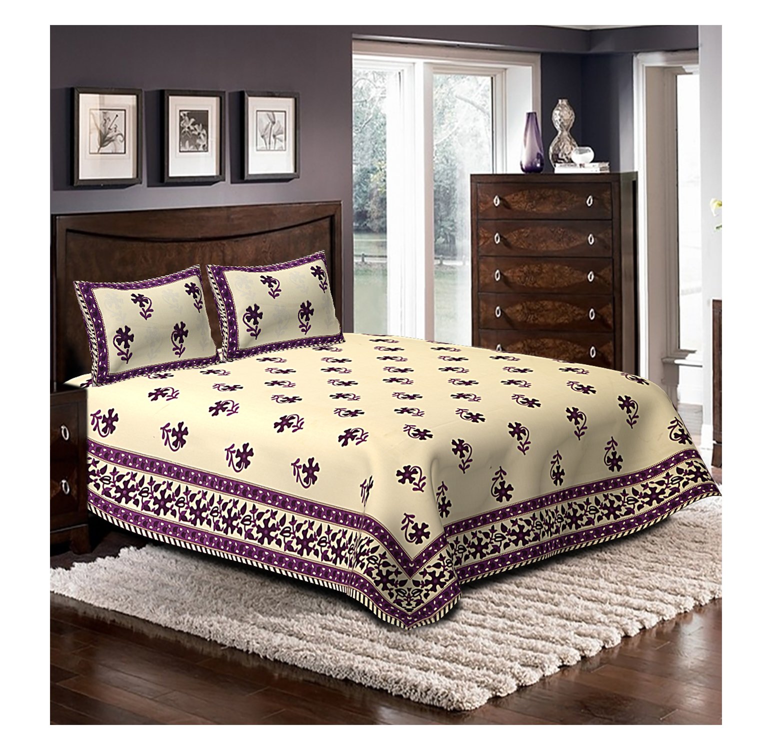Rustic India 200 TC Bedsheet with 2 Pillow Covers - Floral, King, Purple and White