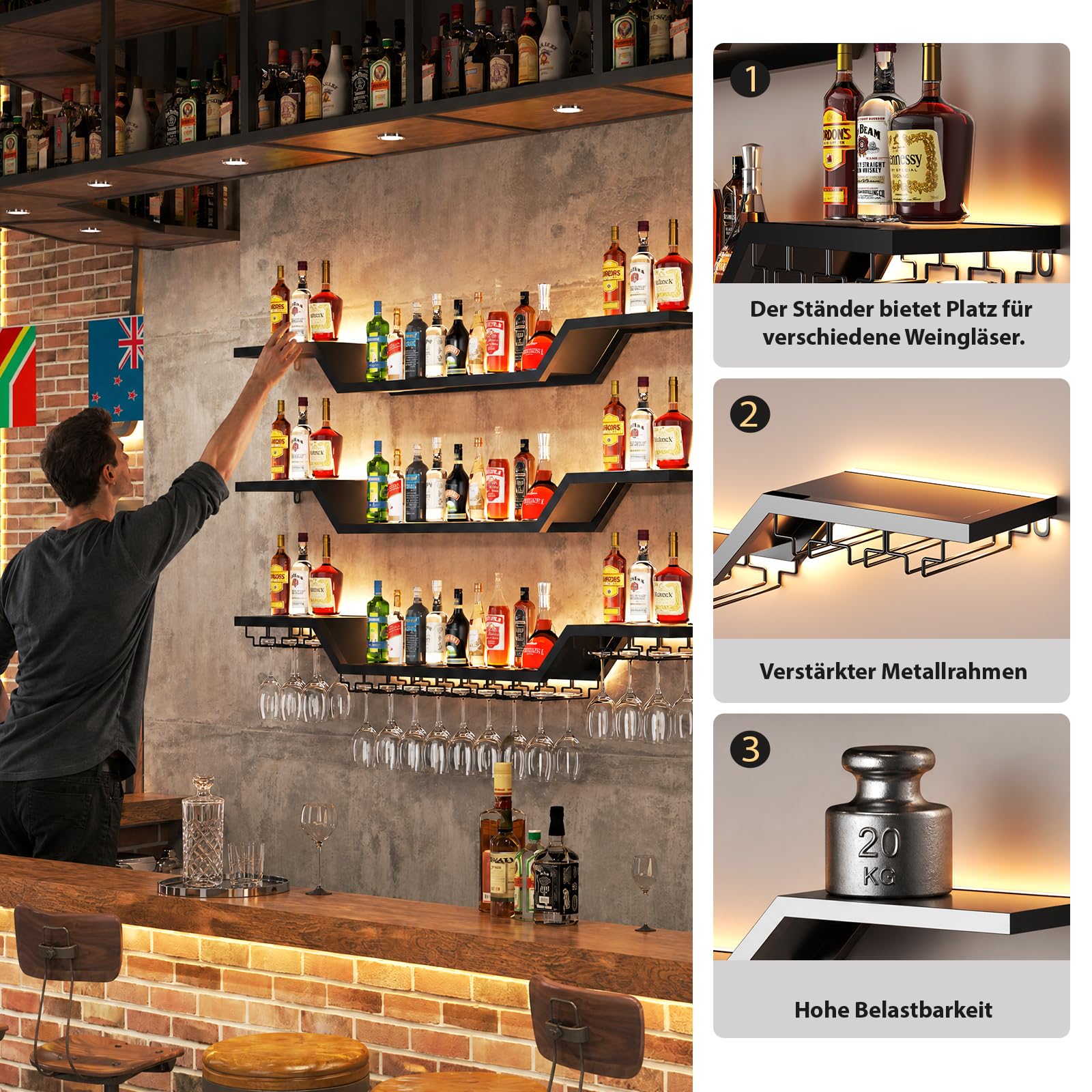 Portabottiglie da Parete Metallico con LED, 3 Livelli Mensola Per Vino Industriale Calice E Portabicchieri, per Vino, adatto per Bar, Cucine e Ristoranti (100cm)