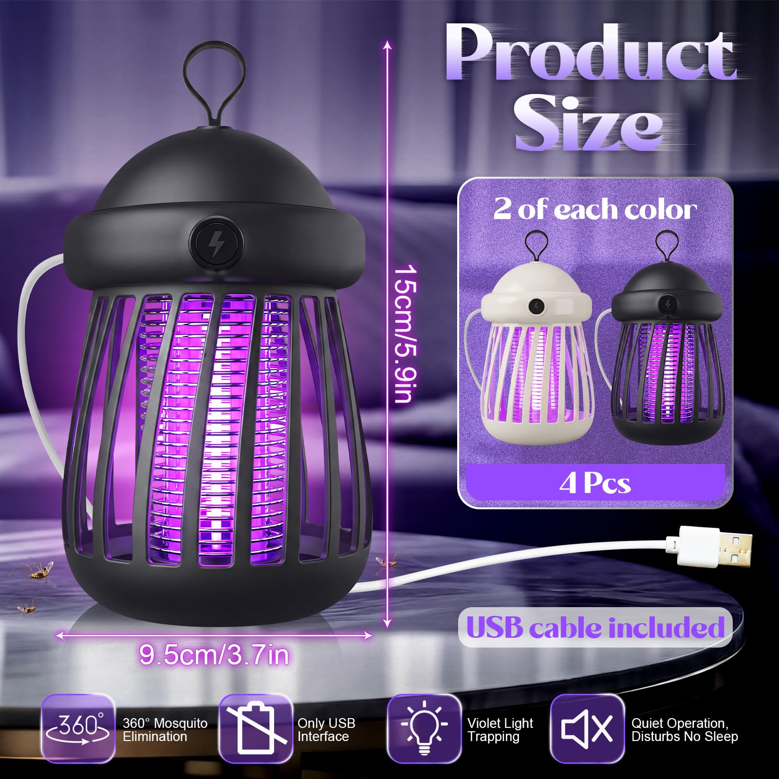 Lampa przeciw owadom zasilana przez USB, pułapka na owady UV, z elektryczną siatką 3000 V i lampką nocną, cicha, wewnętrzna meduza do gonatów, moli, muszek owocowych, 4 szt