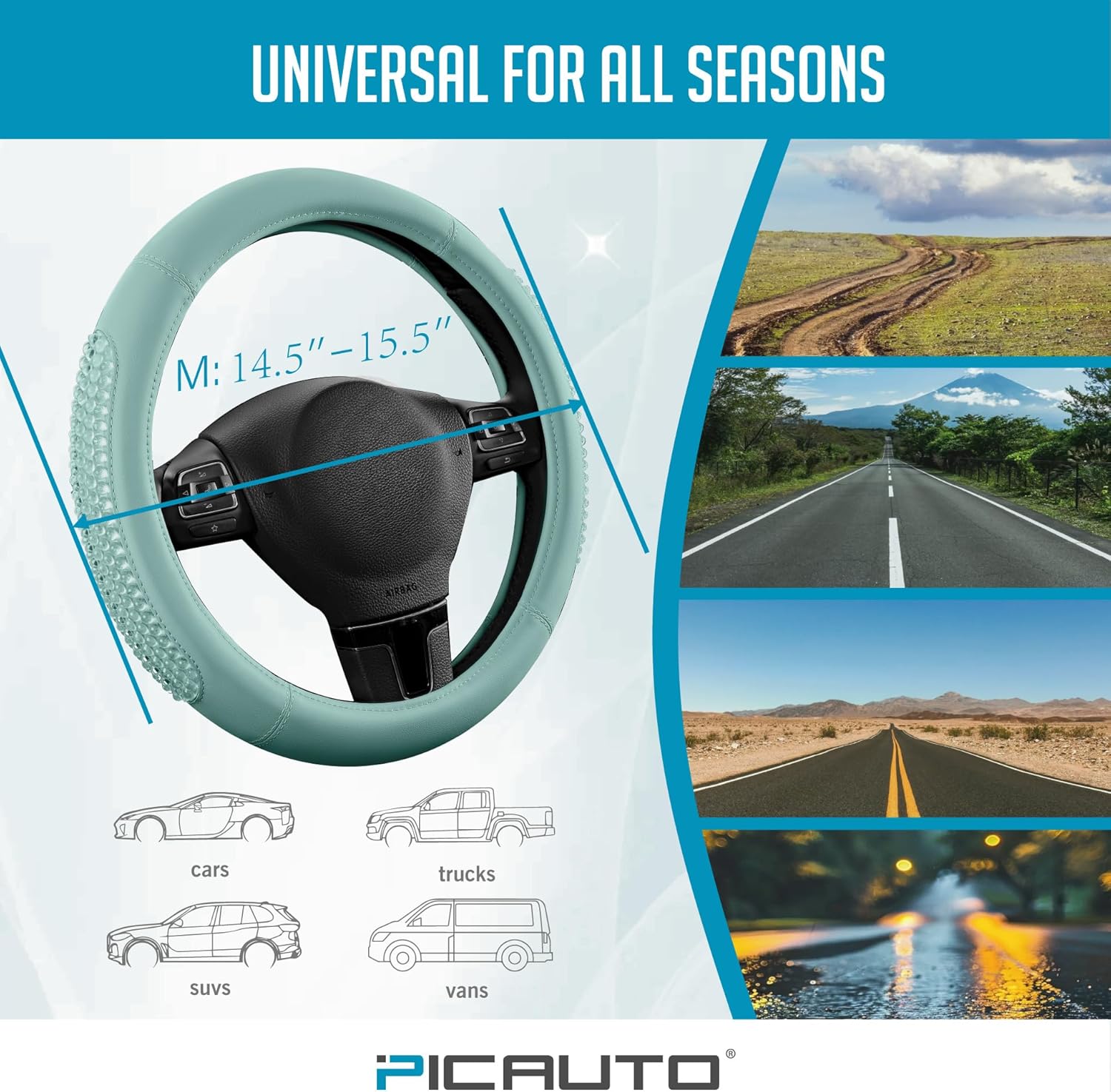 PIC AUTO Steering Wheel Cover, Glitter Gel Particles & Mint Luxury Leather Car Steering Cover, Universal Fit 14.5"-15.5" Anti-Slip Car Wheels Cover for Girls & Women - Image 7