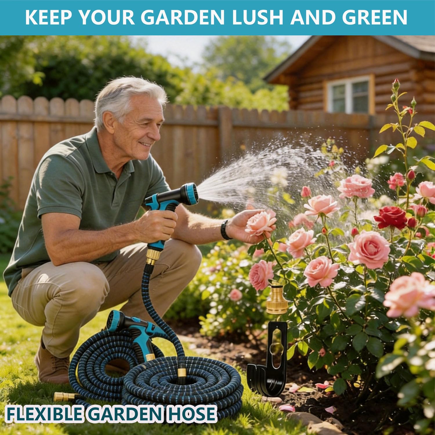 Tuyau Arrosage Extensible - 15m/50FT Tuyau d'arrosage Flexible avec 10 Modèles de Pulvérisation, Connecteurs Métalliques 1/2" et 3/4" Garden Hose,Latex Triple Épaisseur Durable (15M/50FT)