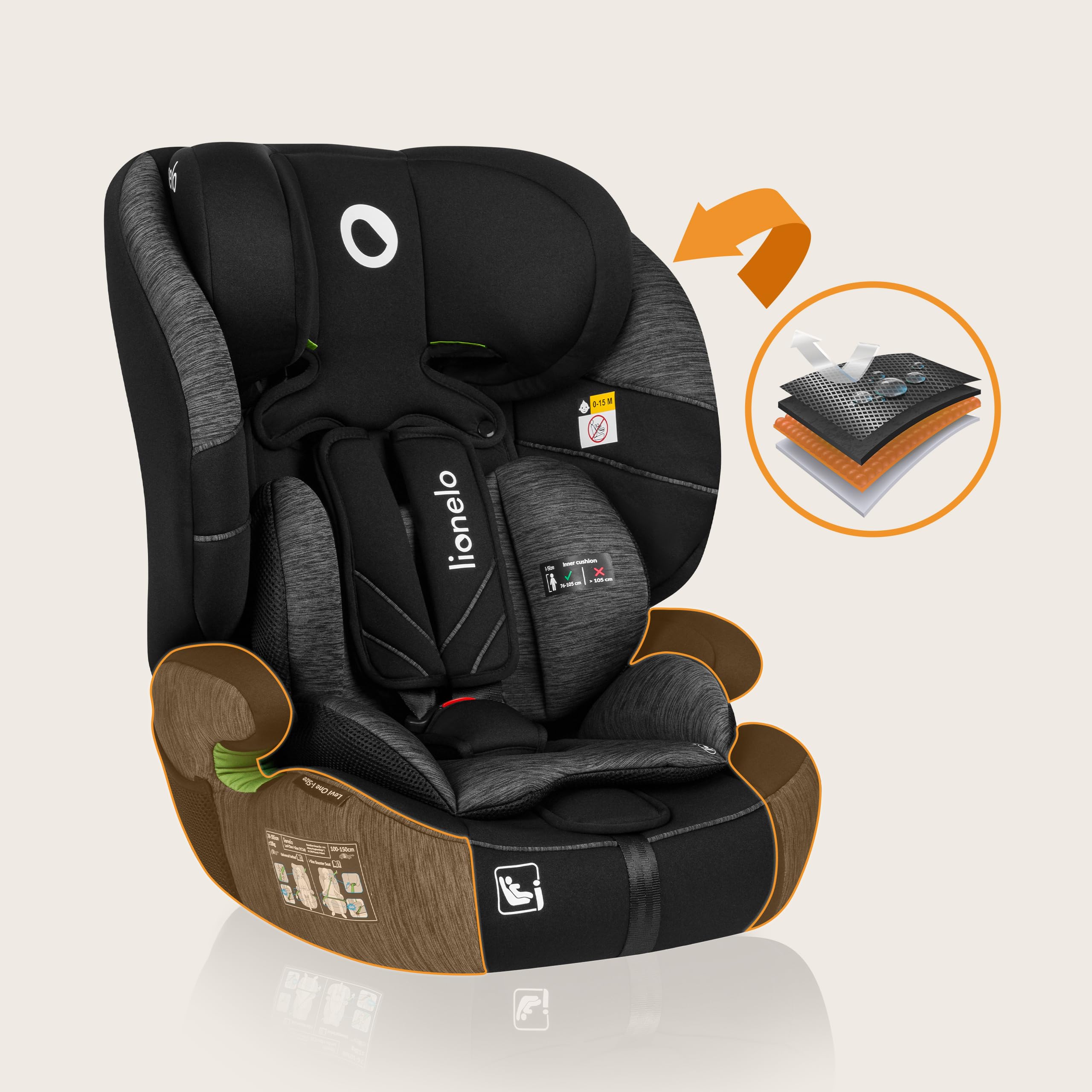 LIONELO LEVI ONE I-SIZE Silla infantil de coche 76-150 cm, Grupo 1 2 3, Protección Lateral, Reposacabezas ajustable de 10 etapas, Reposabrazos Cómodos, Respaldo Extraíble, R129 i-Size