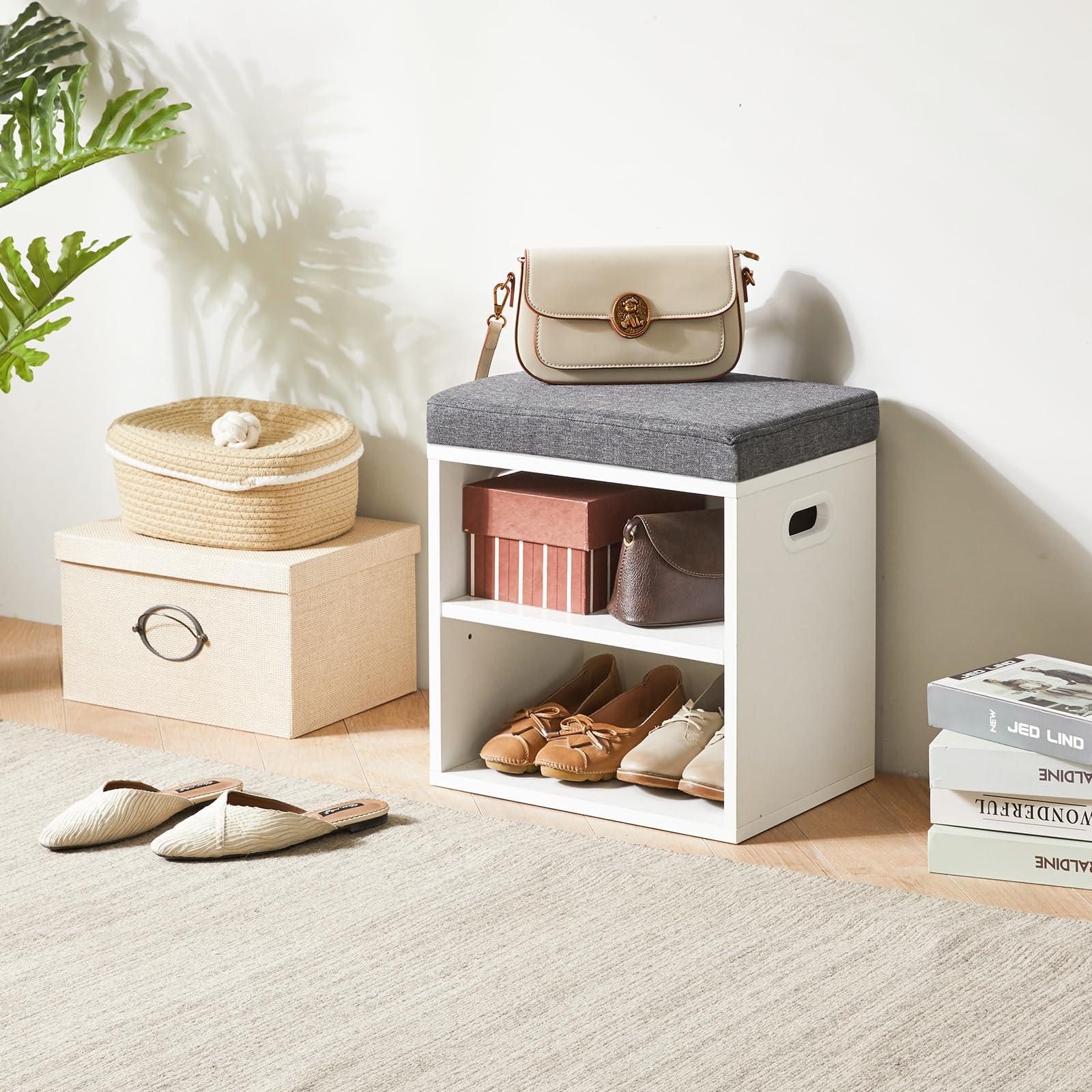 YMYNY Petit Banc Chaussures Entrée avec Coussin, Blanc HBD028W | 2 Tiers Banc Rangement Chaussures, pour l'entrée, Le Salon, Le Couloir, la Chambre à Coucher, 42 x 39 x 28 cm