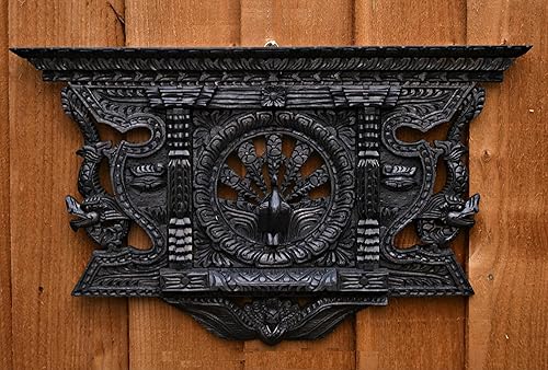 Himalayan Craft Marco de ventana de madera maciza de 13.5 pulgadas de pavo real Ankhi Jhyal nepalí antiguo arquitectónico excelencia escultura de