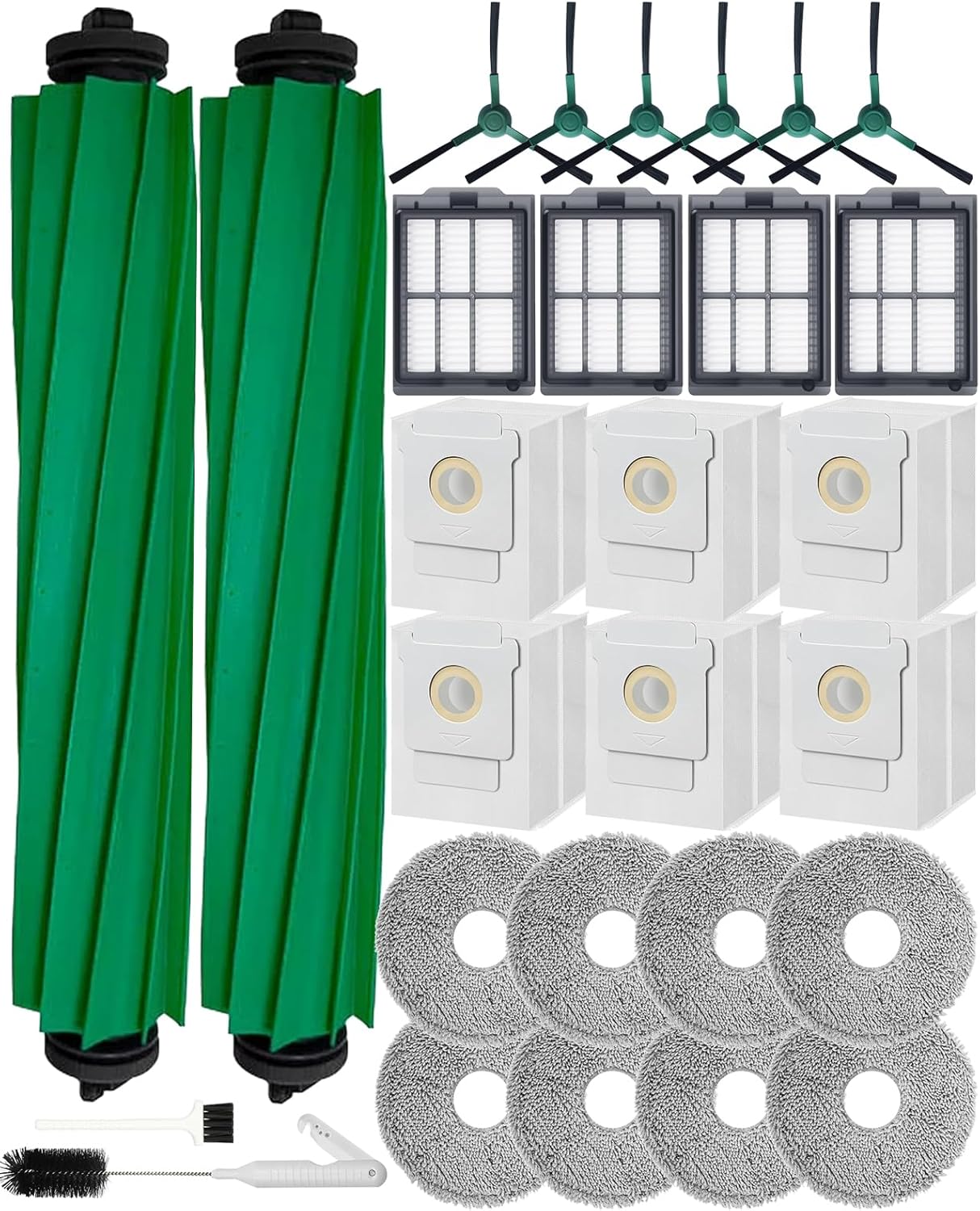 Yivy 28PCS Accessories Kit for iRobot Roomba Plus 405/505 Combo Robot Vacuum Cleaner, Parts Contents 2 Roller Brushes, 6 Side Brushes, 6 Dust Bags, 4 HEPA Filters, 8 Mop Pads, 1 Cleaning Brush