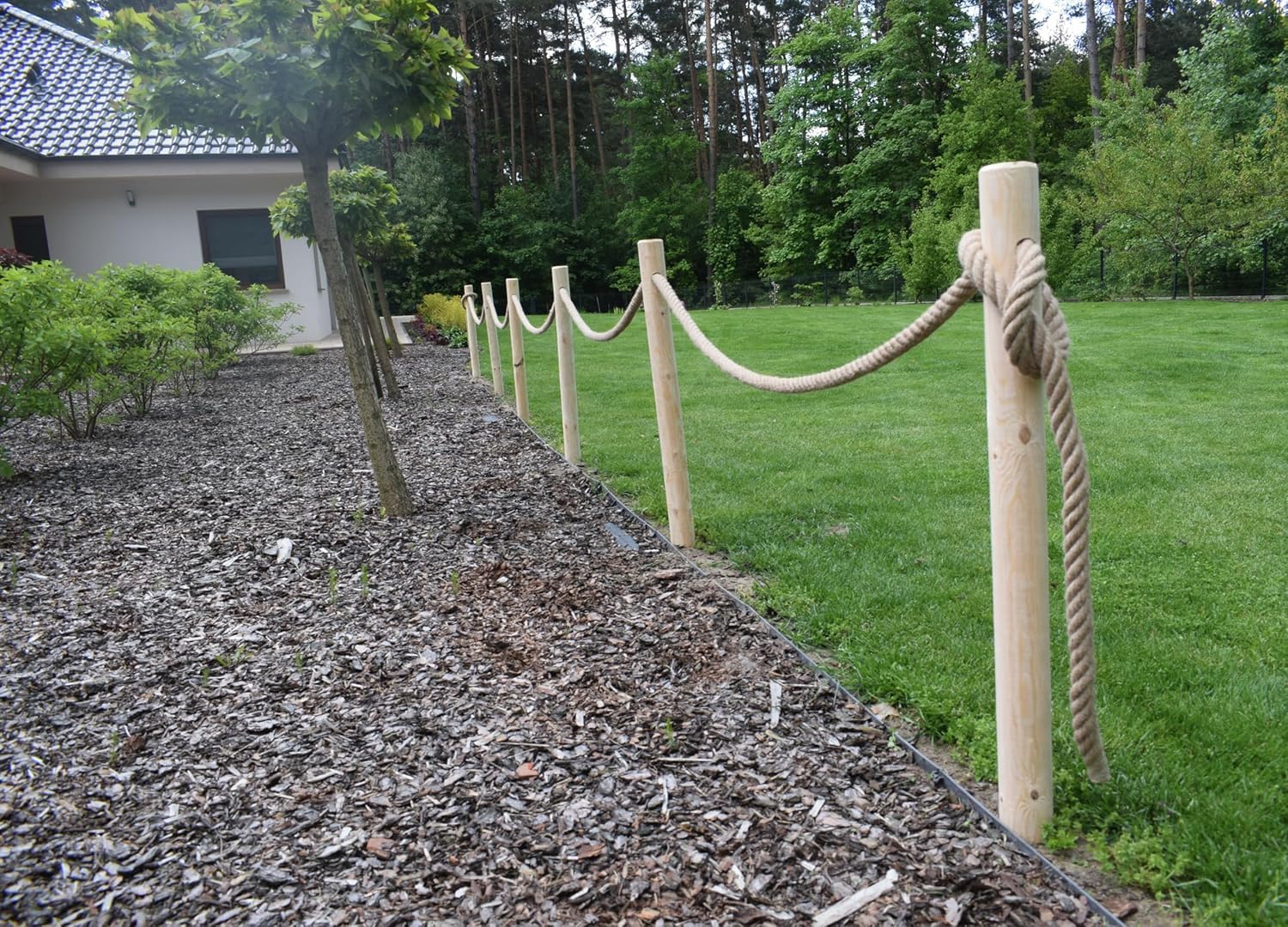Recinzione In Legno 6 Pali Ø8x80 cm Con Corda In Juta 12m Staccionata Da Giardino Pannelli Recinzione Legno Non Trattato