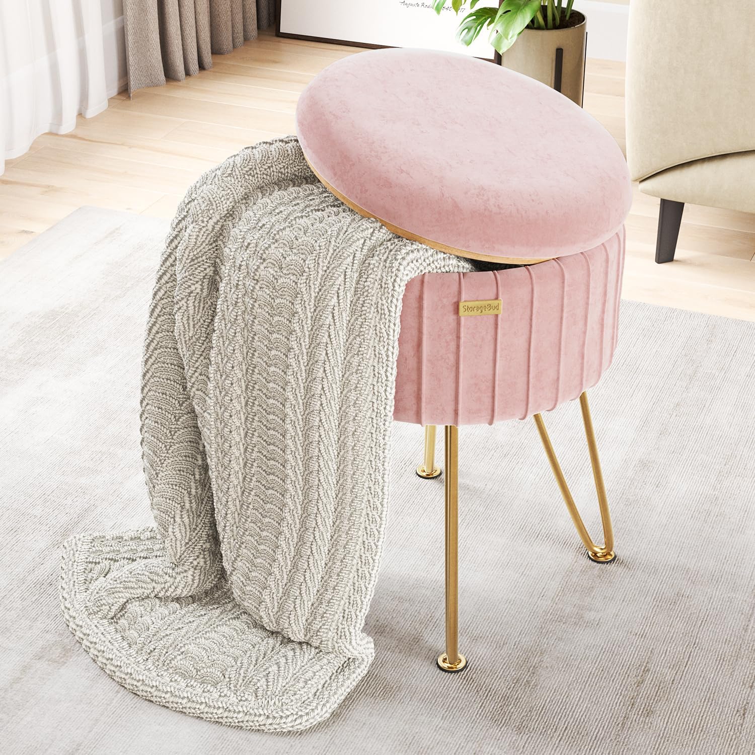 STORAGEBUD Round Ottoman with Storage, Pleated Velvet Storage Ottoman, Foot Stool Ottomans, Makeup Vanity Stool, Small Ottomans Foot Rest, Modern Vanity Stools for Living Room and Bedroom, Pink - Image 2