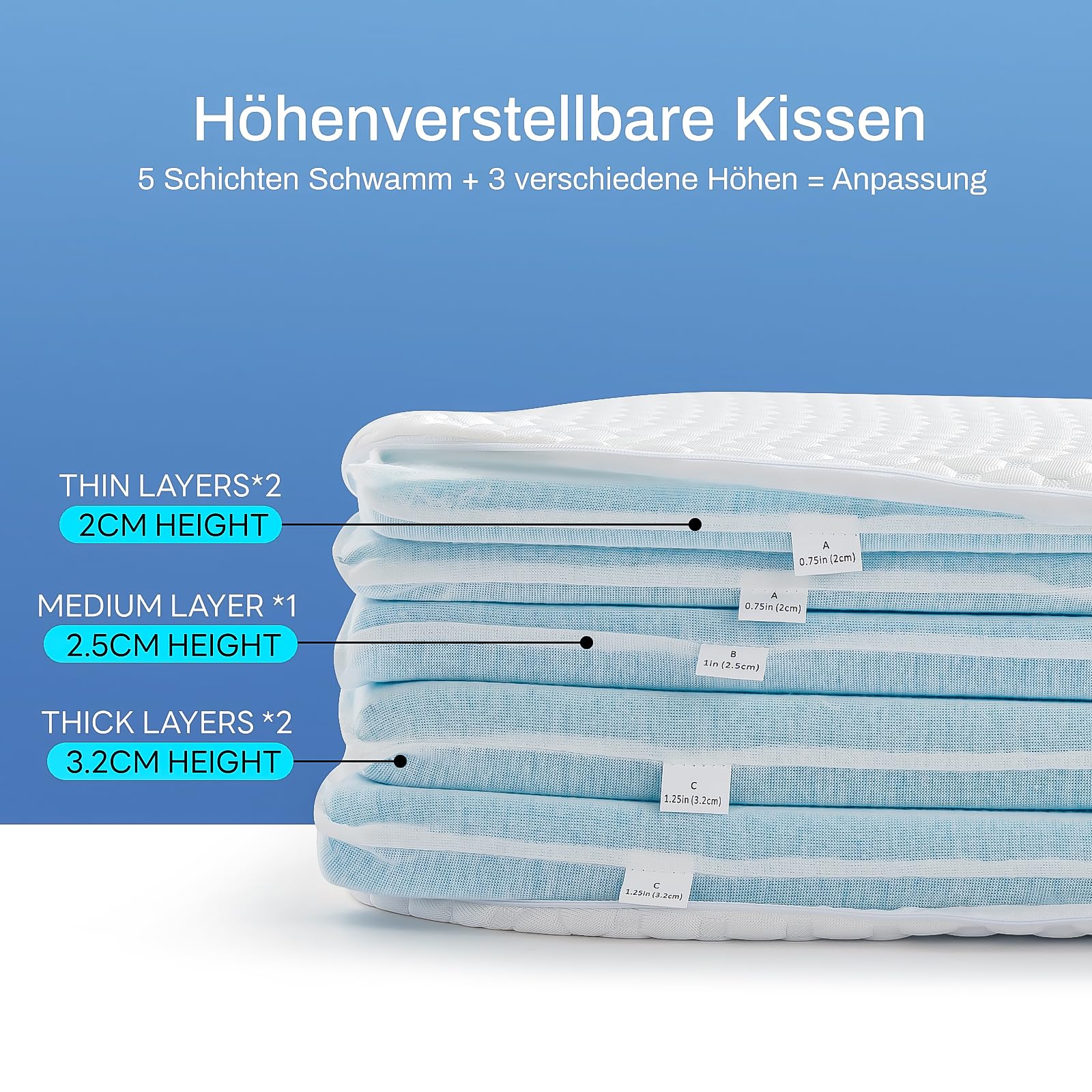 Kühlender Memory Foam Kissen 40x60, Kopfkissen Hart Fest zum Schlafen, Einstellbares Seitenschläferkissen Nackenkissen für alle Schlafpositionen mit waschbarem Bezug, Höhenverstellung von 2 bis 13 cm
