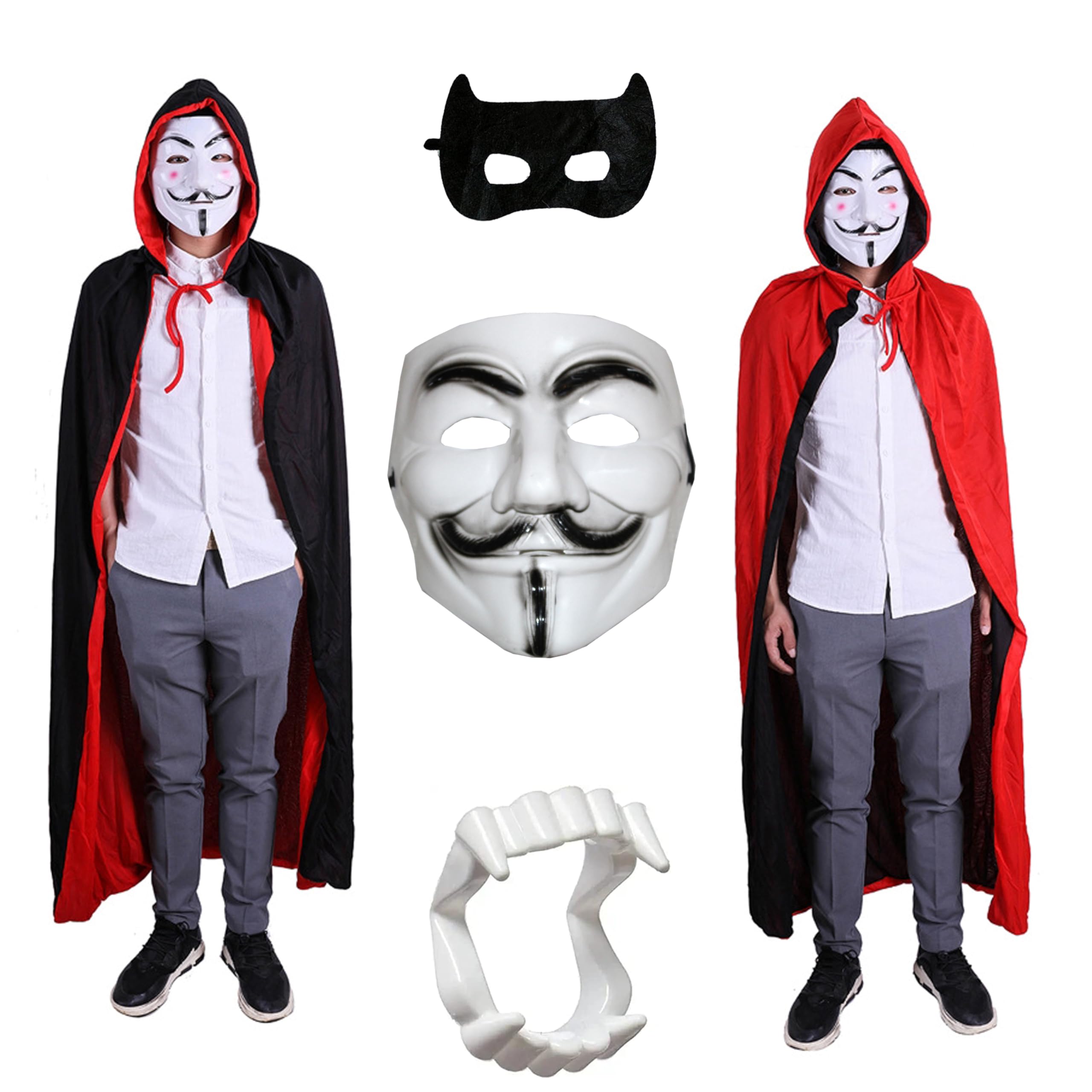 Kaku Fancy Dresses Polyester Black And Red Reversible Vampire Dracula Cape For Kids With Black Eyepatch & Devil Teeth | Halloween Vampire Cloak For Kids - 5-6 Years