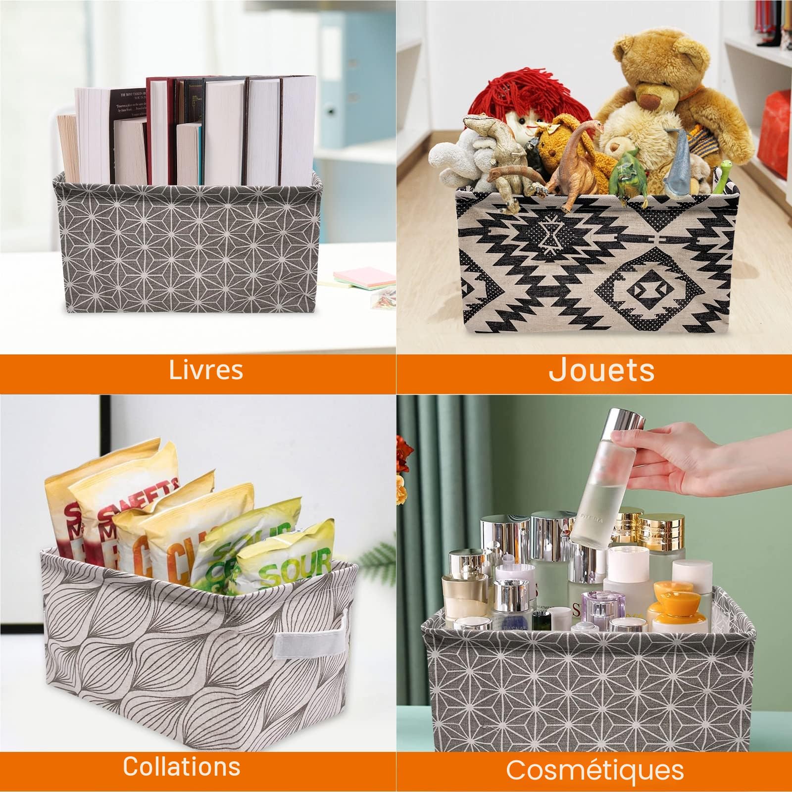 Petit Panier Rangement Tissu Lin, Lot de 6 Pliable Boite Rangement Tissu avec Poignées, Étanche Stockage Corbeille Panier pour Tiroir, Jouets, Maquillage, Salle de Bain, 28 * 19 * 15cm