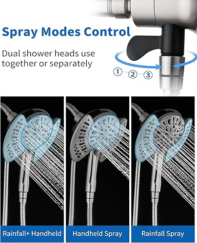 Miniatura 11 de Regadera fija con regadera de mano de alta presión: regadera de mano y de lluvia 2 en 1, con manguera giratoria de acero inoxidable de 59 pulgadas