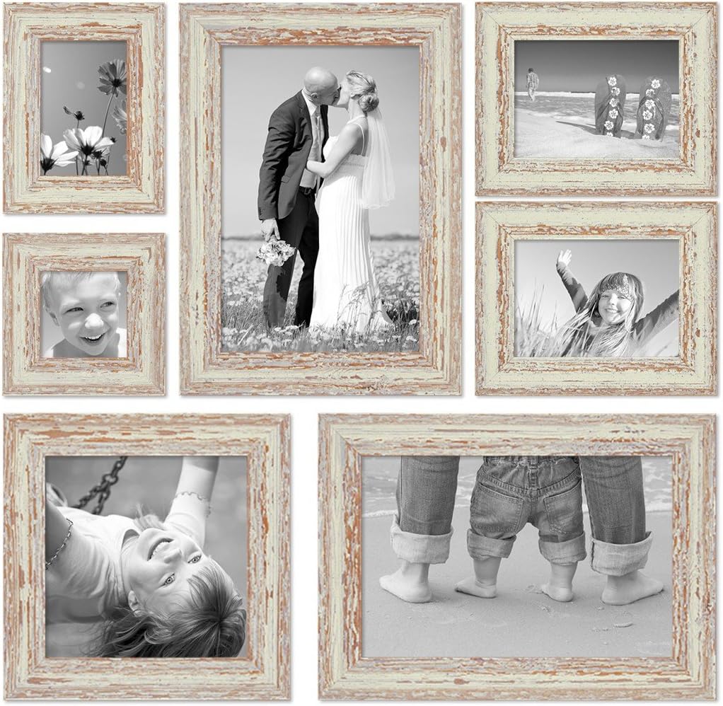 Photolini Set of 7 picture frames with 5 different dimensions of 4 x 4, 6 x 4, 7 x 5, 8 x 8 and 12 x 8 inch, in white, shabby chic, vintage, solid wood, including accessories/photo frames
