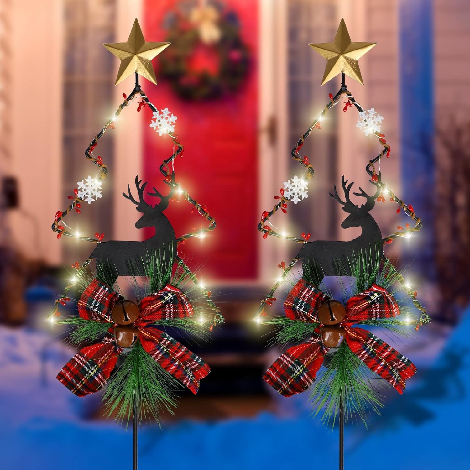 MorTime 2 Pack Solar Lighted Christmas Garden Stake Lights, 33in LED Christmas Tree Yard Stakes for Christmas Outdoor Garden Lawn Pathway Decoration