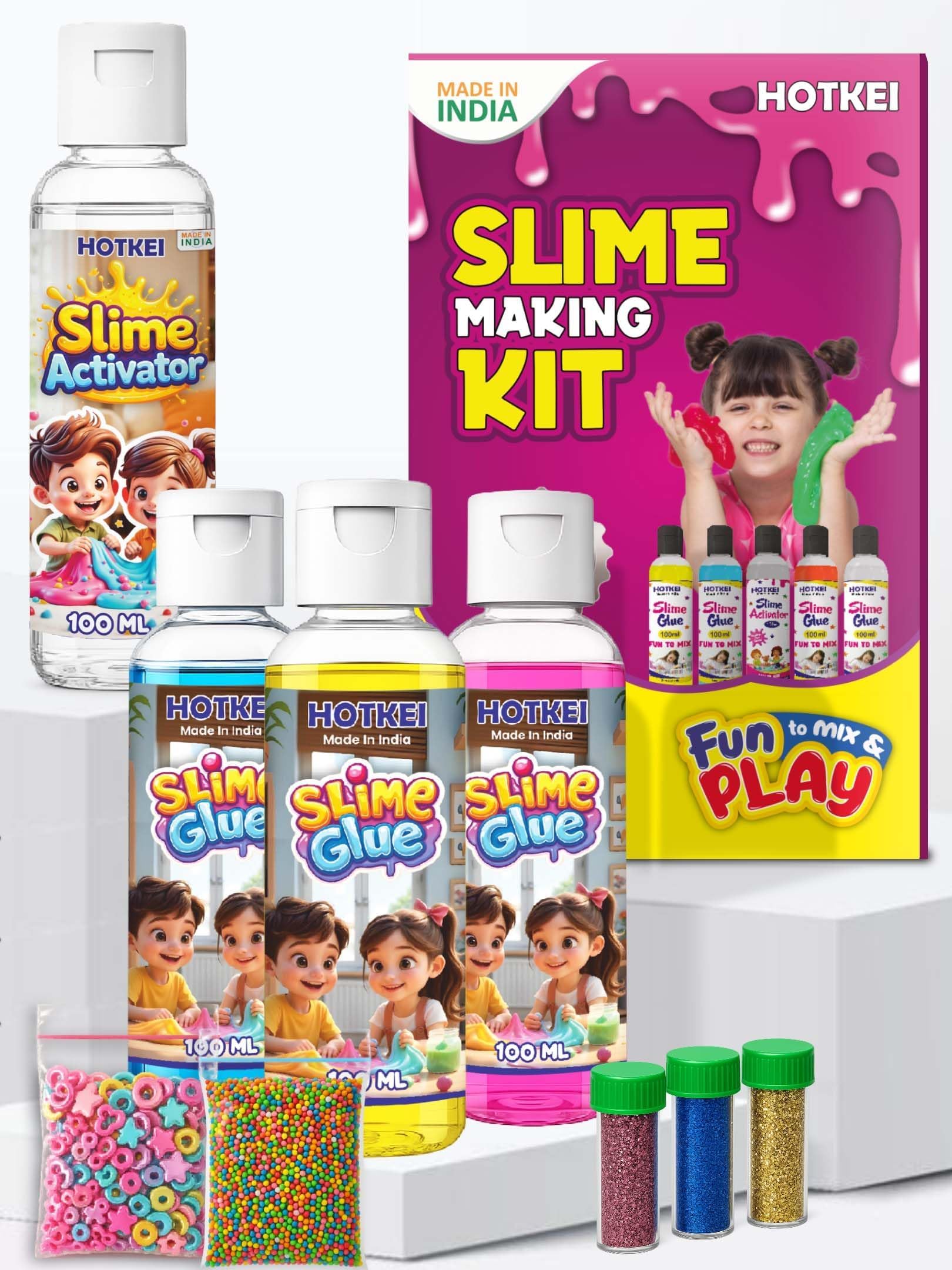 HOTKEI (Make 15+ Slimes) Multicolor Scented DIY Toy Slimy Slime Activator Glue Gel Jelly Putty Making kit Set Toy Birthday Gift for Boys Girls Kids 3 Colored Glue | 1 Activator | Accessories