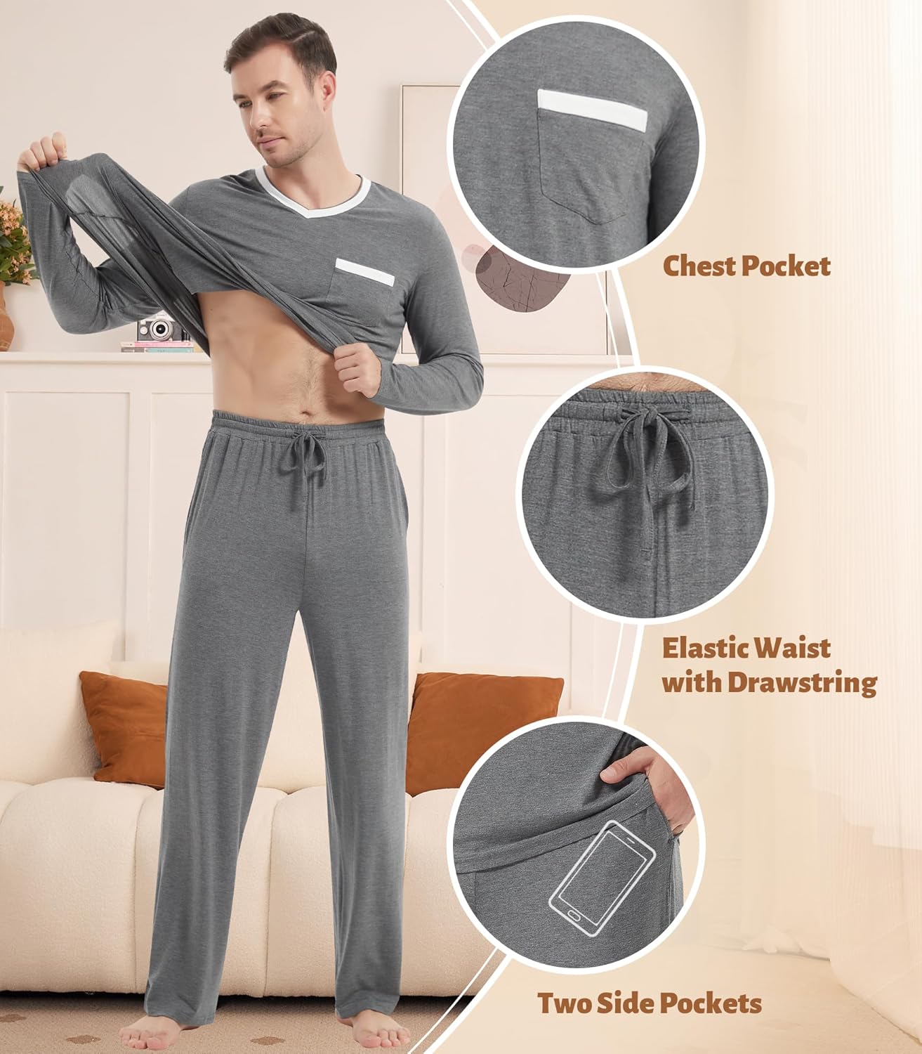 NACHILA Pajamas for Men-Viscose Made from Bamboo,Long Sleeve Pj Set Comfy Sleepewear V Neck Pajama with Pants - Image 4