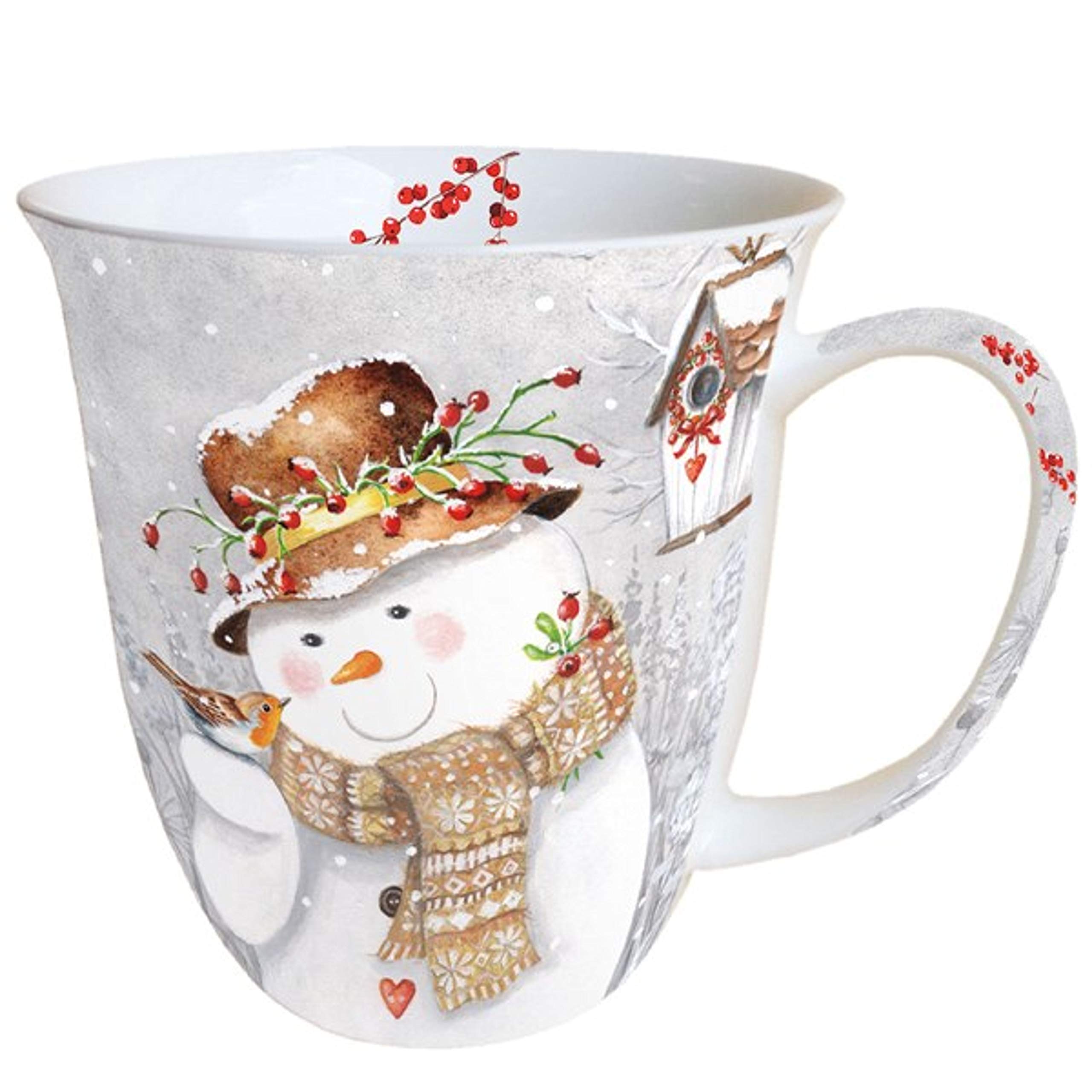 Ambiente White. Christmas Snowman Holding Robin Mug 0.4L Bone China
