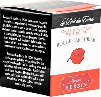 Jacques Herbin 13022T - One 30 ml Bottle of Ink for Fountain pens and rollerballs, Rouge Caroubier/Carob Tree red - Made in France - Calligraphy Writing