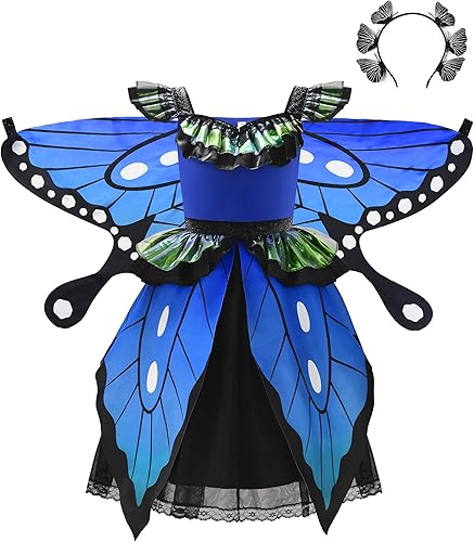 ReliBeauty Disfraz de mariposa para niñas con alas de mariposa y diadema de mariposa, azul
